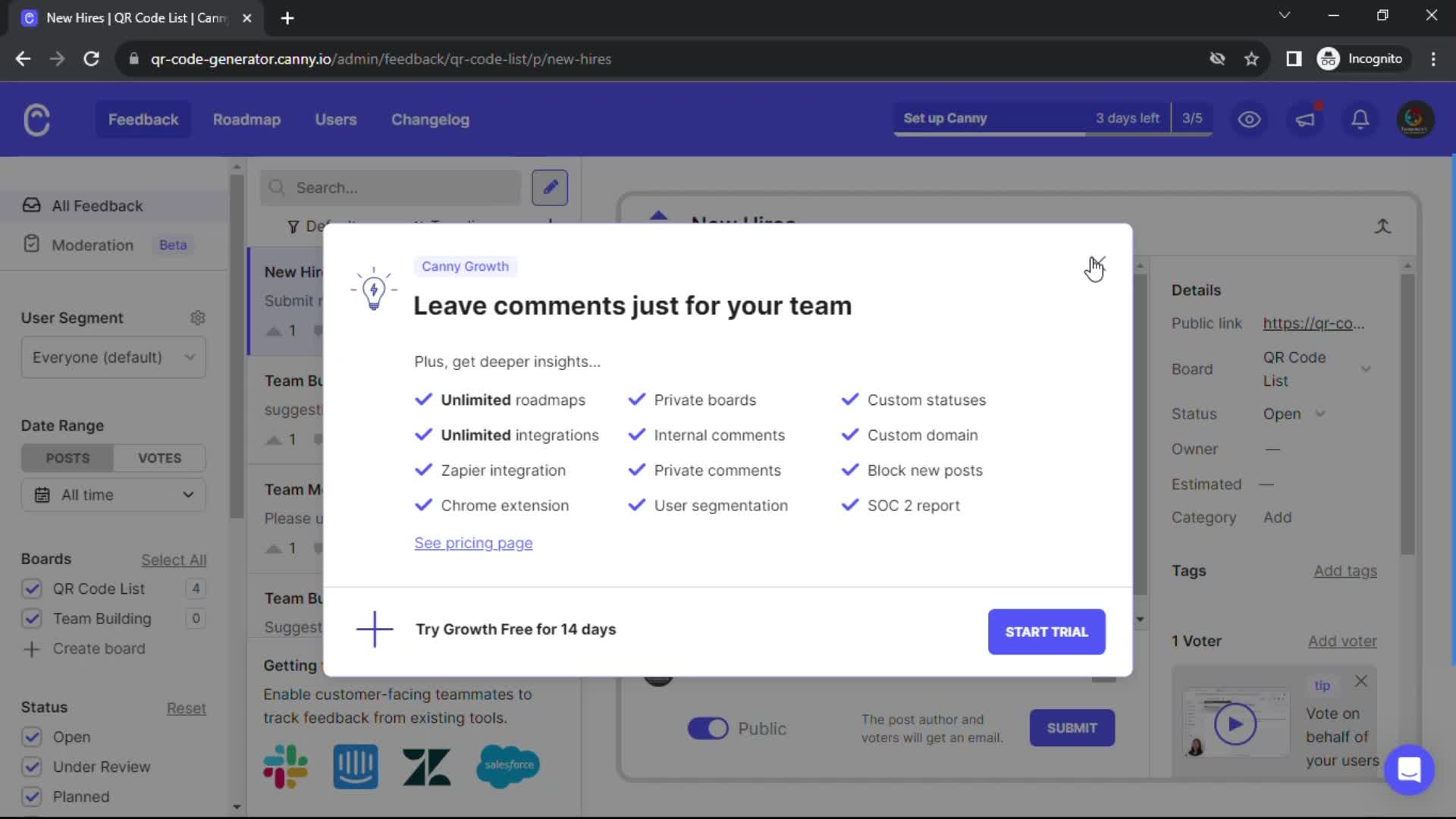 Managing feedback screenshot