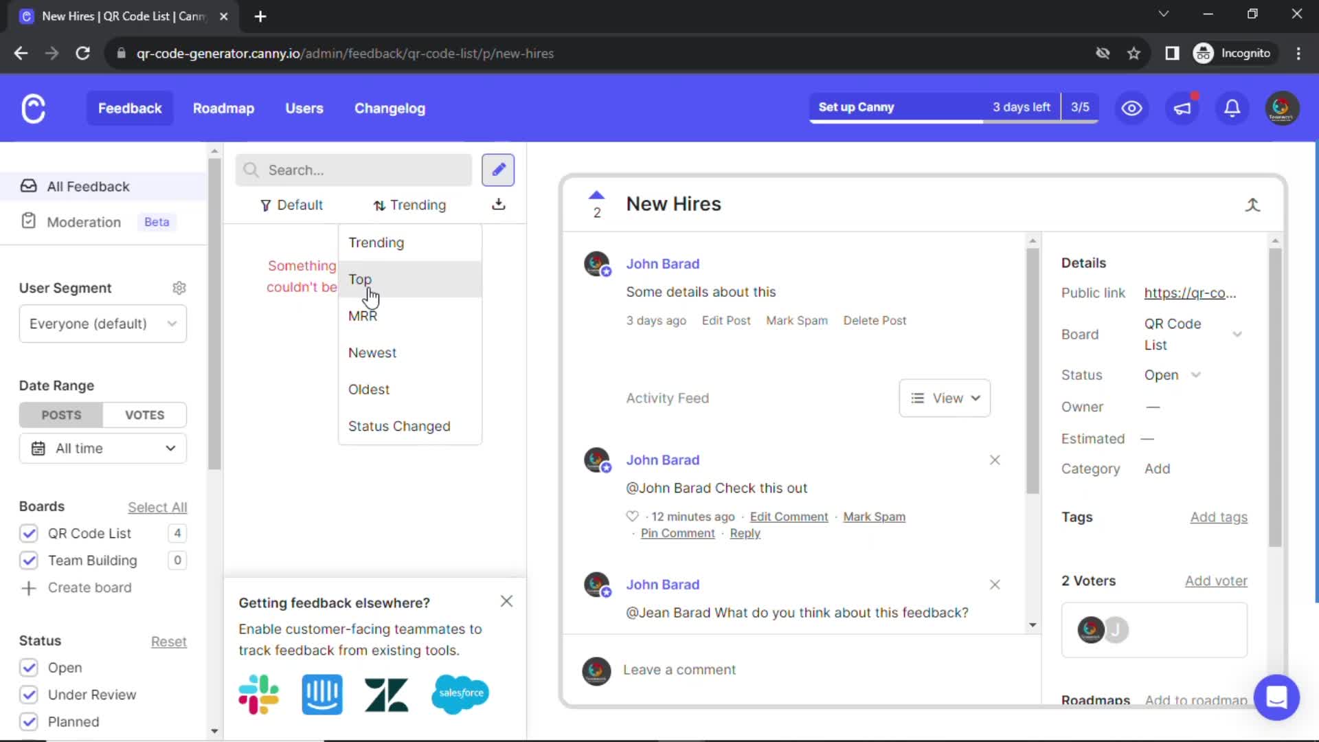 Managing feedback screenshot