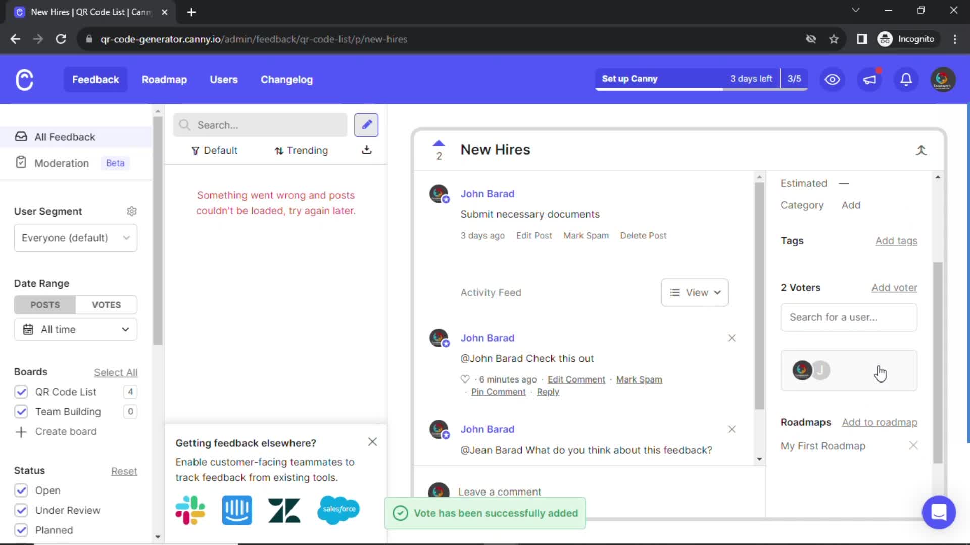 Managing feedback screenshot