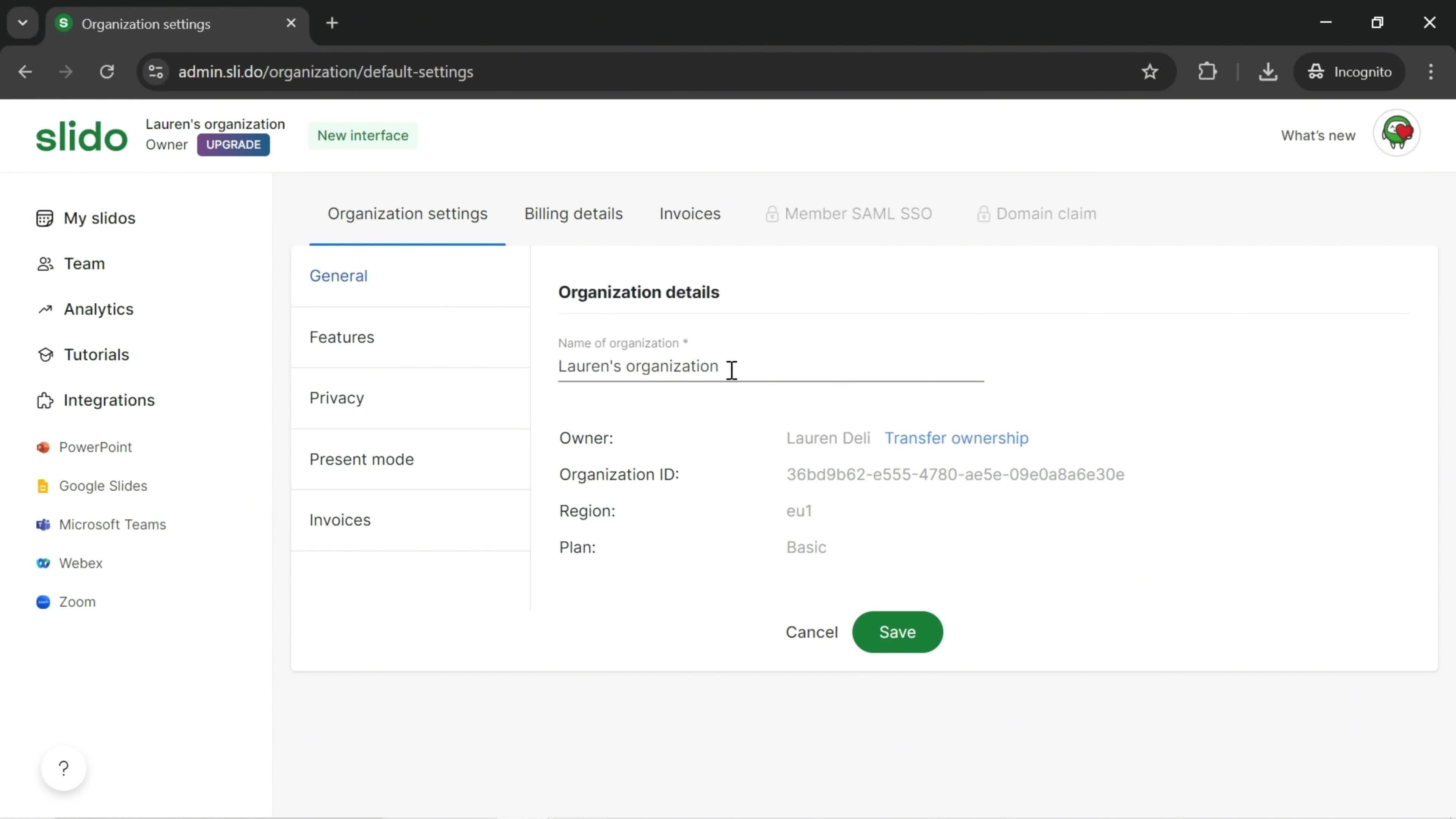 Organization and billing settings screenshot