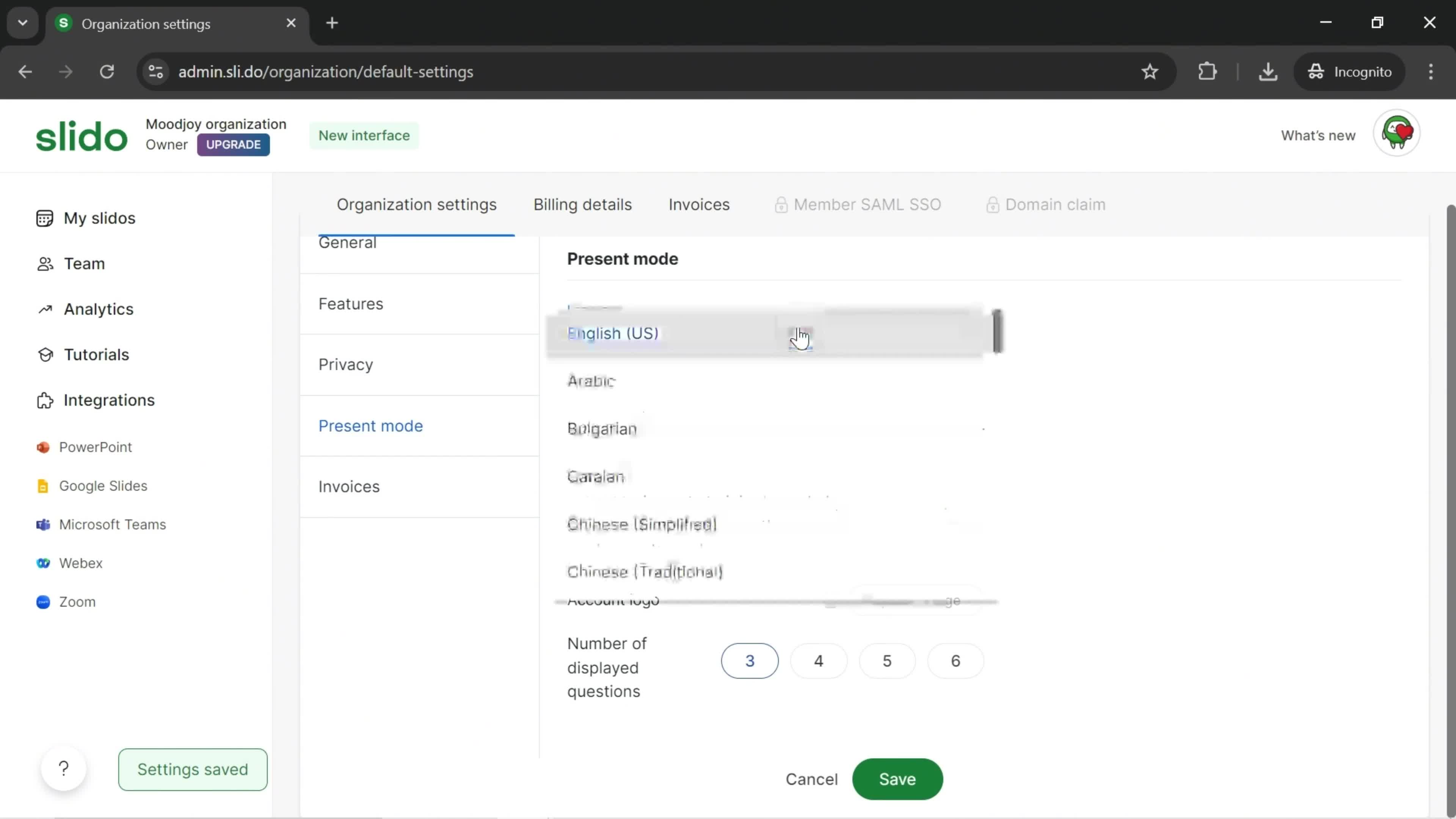 Organization and billing settings screenshot