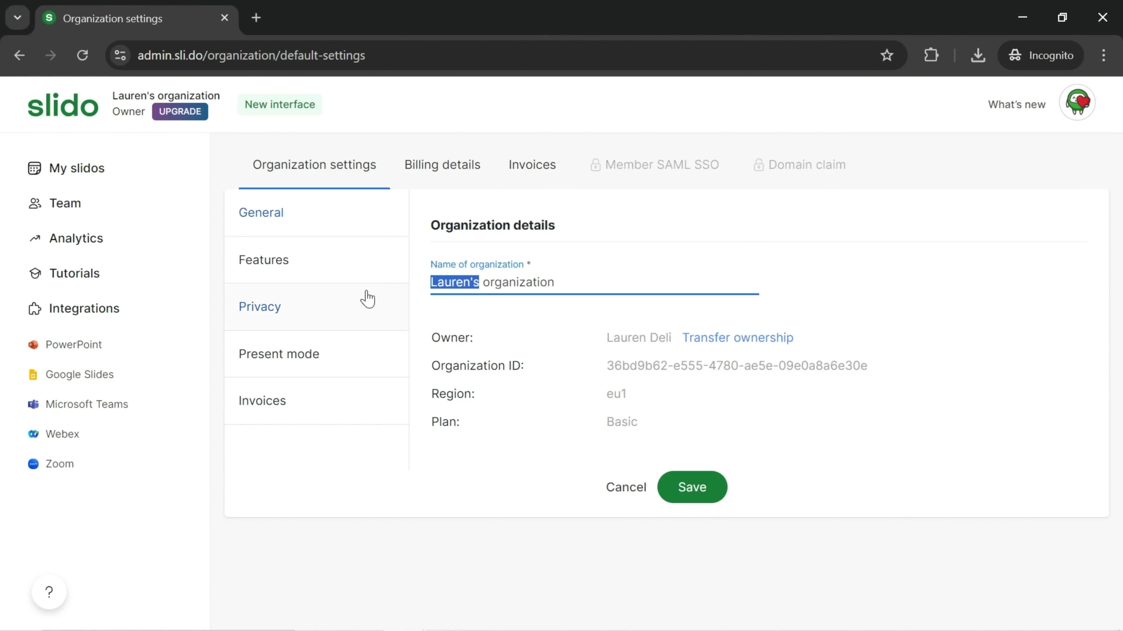 Organization and billing settings screenshot