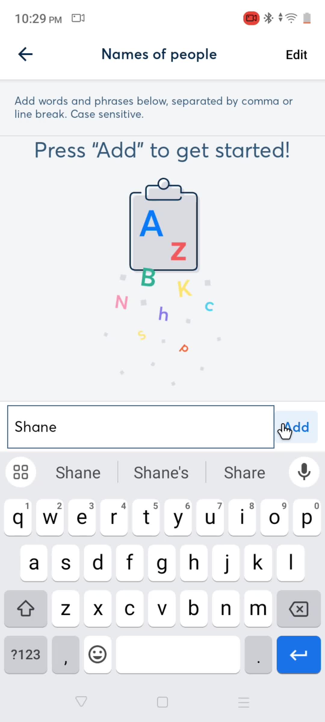 Adding vocabulary screenshot