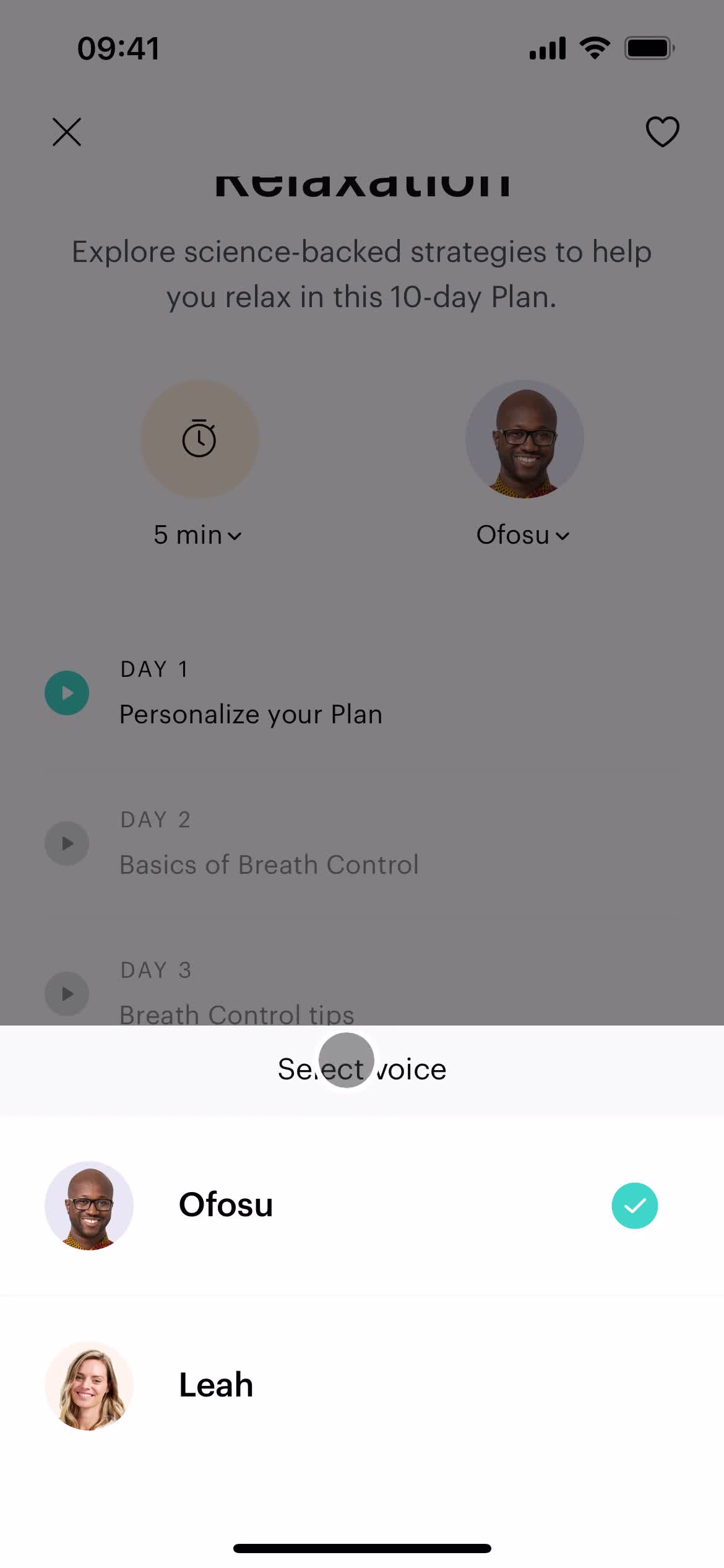 Screenshot of Select voice on Meditation on Balance user flow