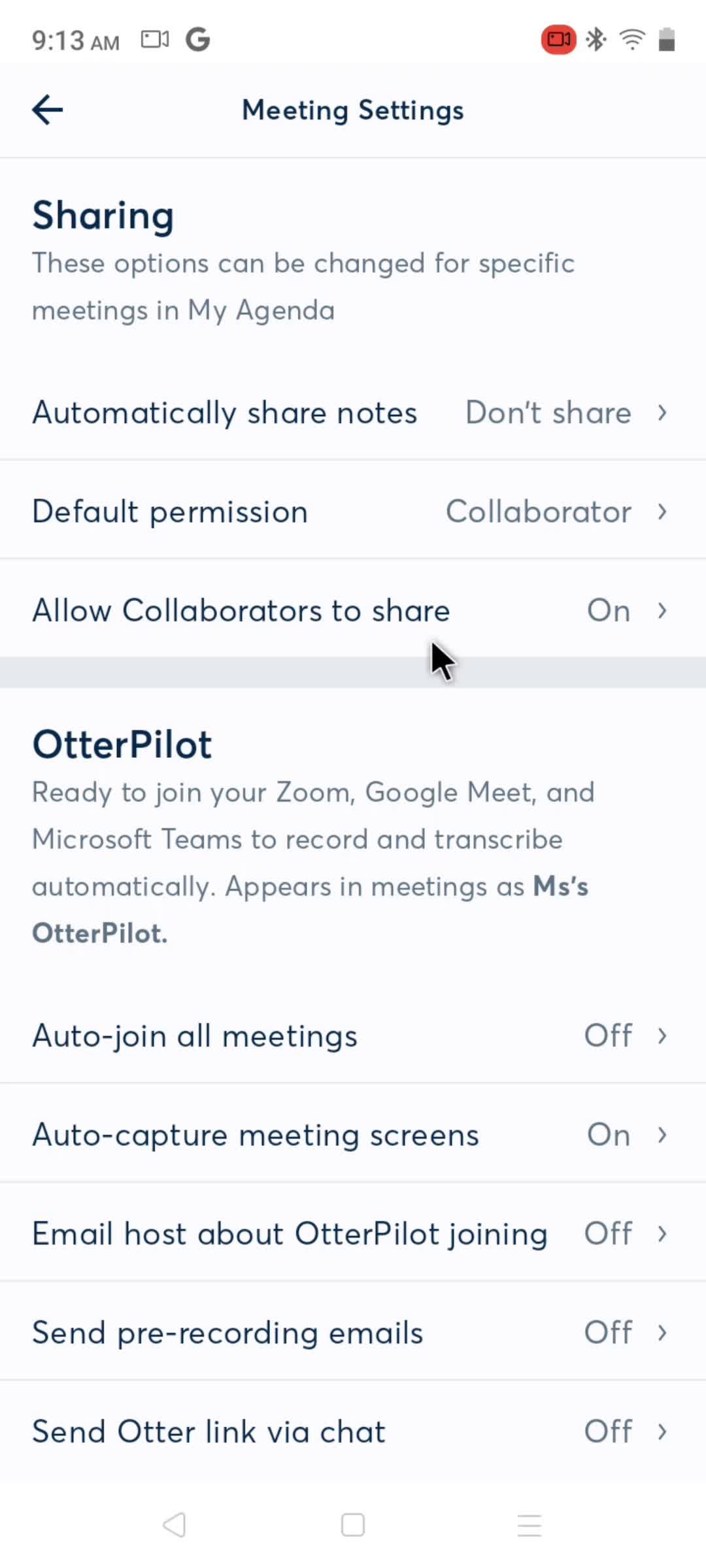 Meeting settings screenshot