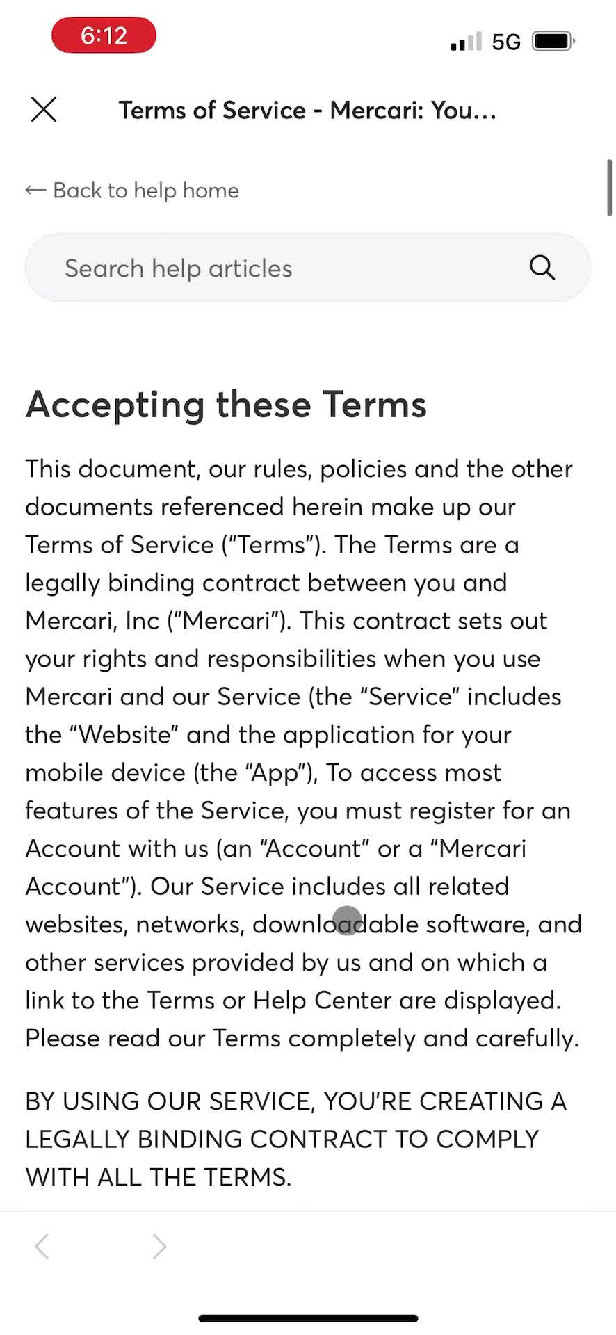 Mercari agree to terms screenshot