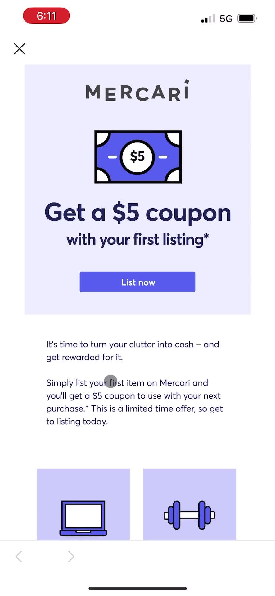 Mercari claim offer screenshot
