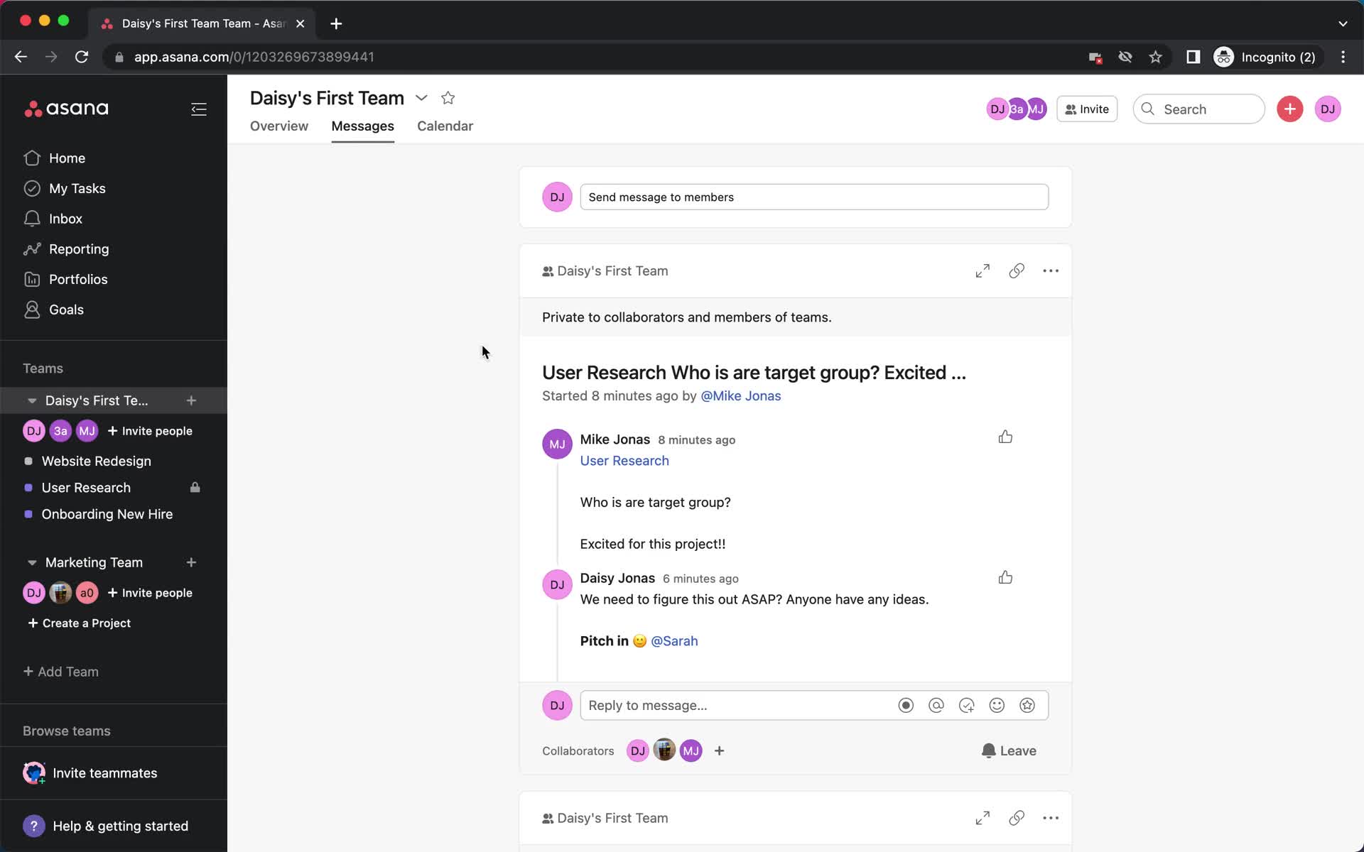 Screenshot of Messages on Messaging boards on Asana user flow