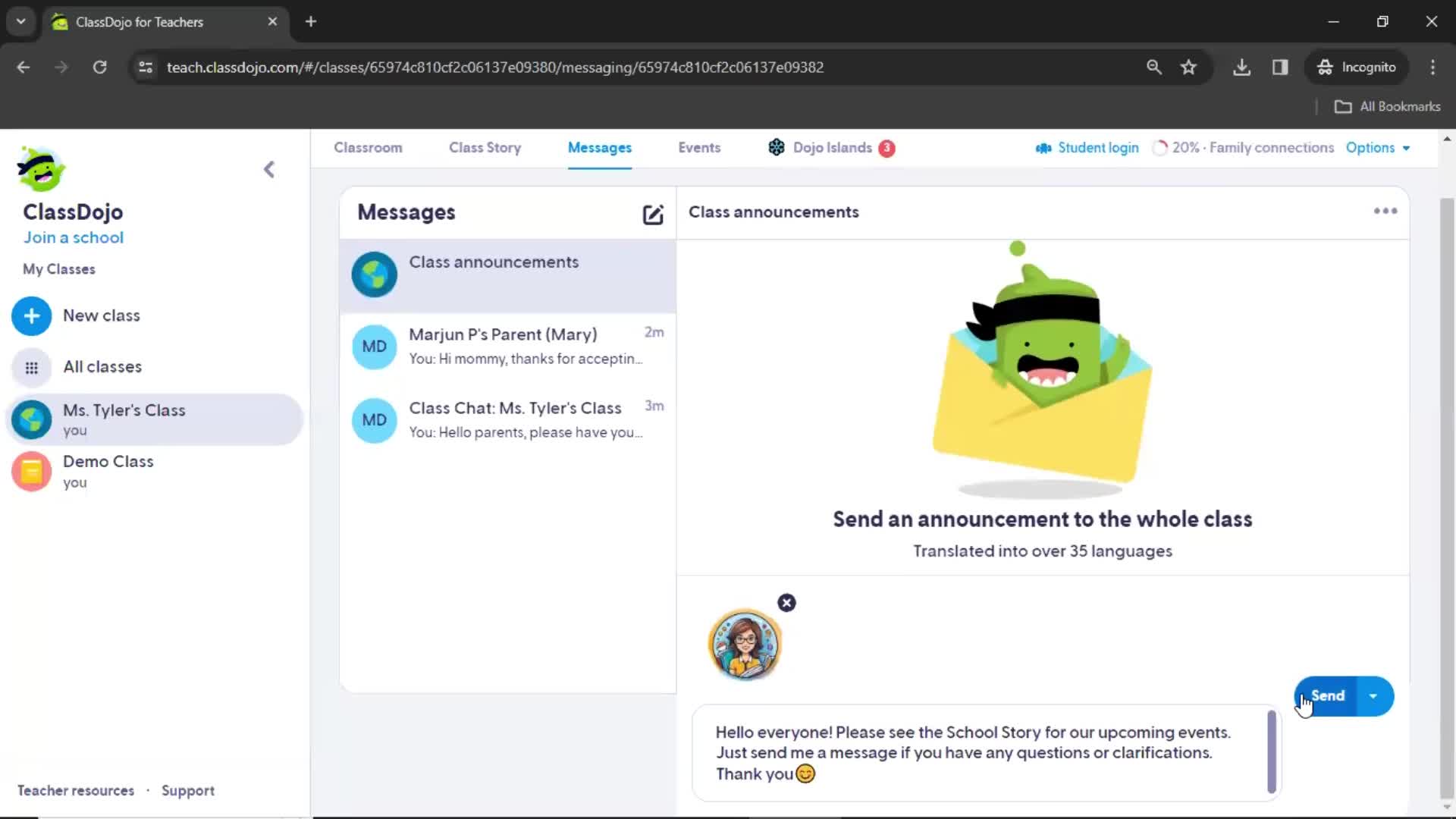 Sending messages on ClassDojo video thumbnail