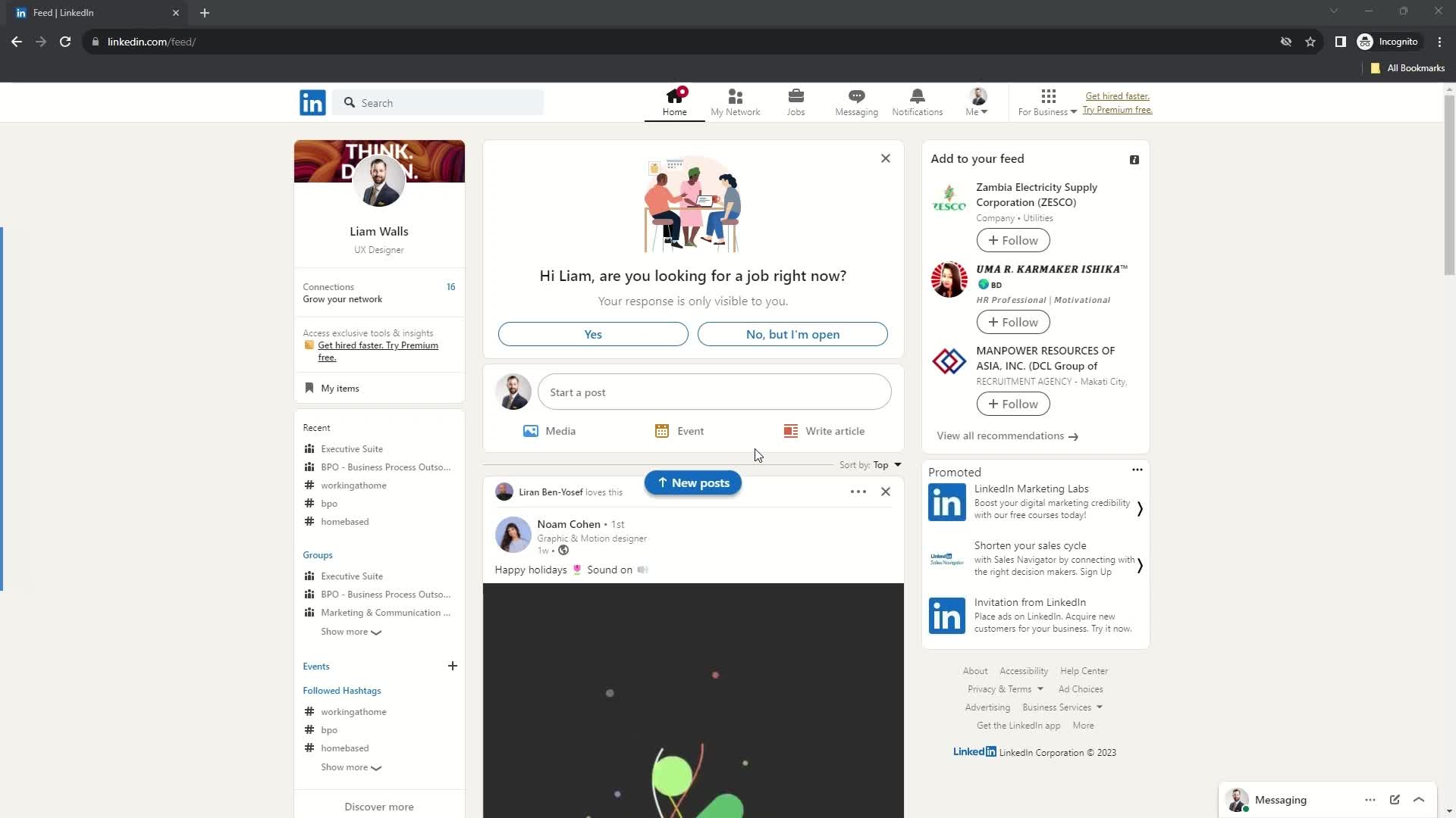 Screenshot of Home on Sending Messages on LinkedIn user flow