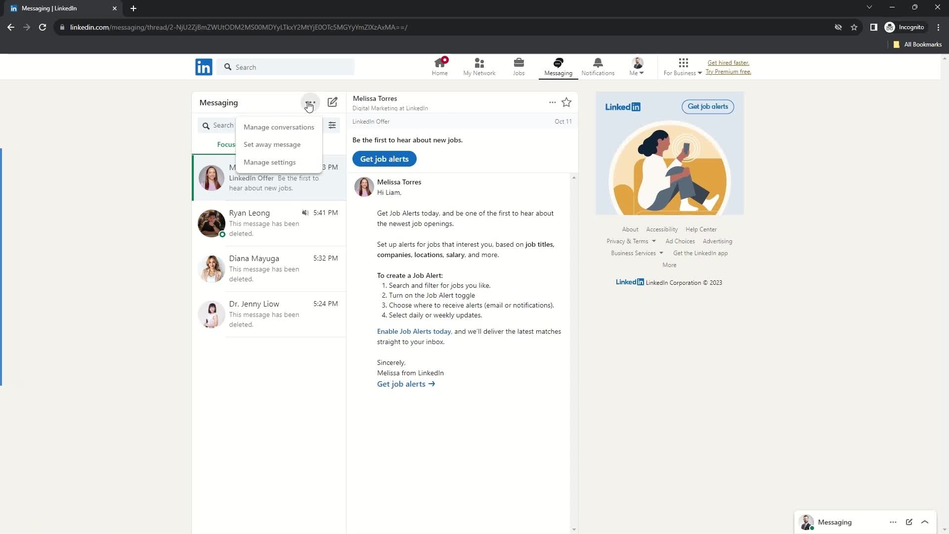 Screenshot of Message menu on Sending Messages on LinkedIn user flow