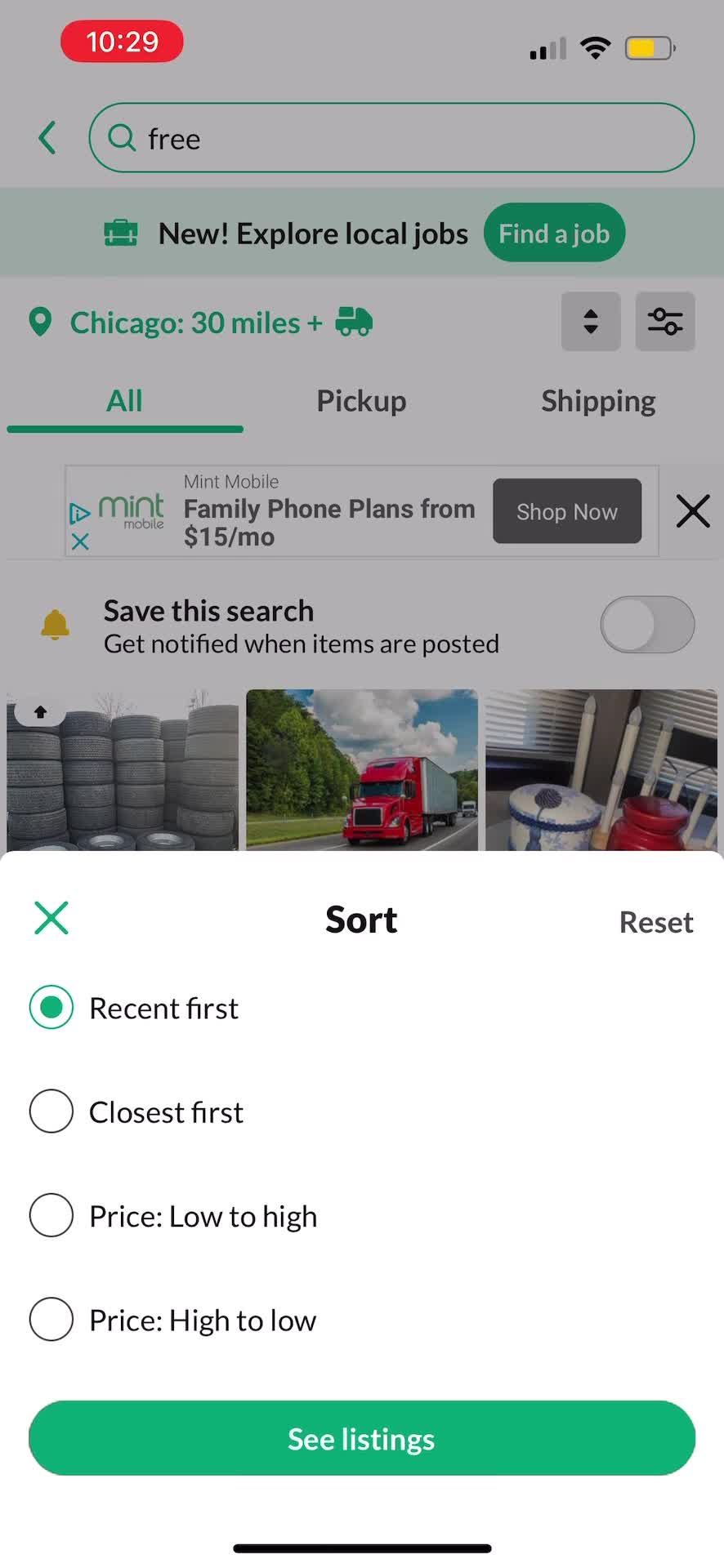 OfferUp sort screenshot