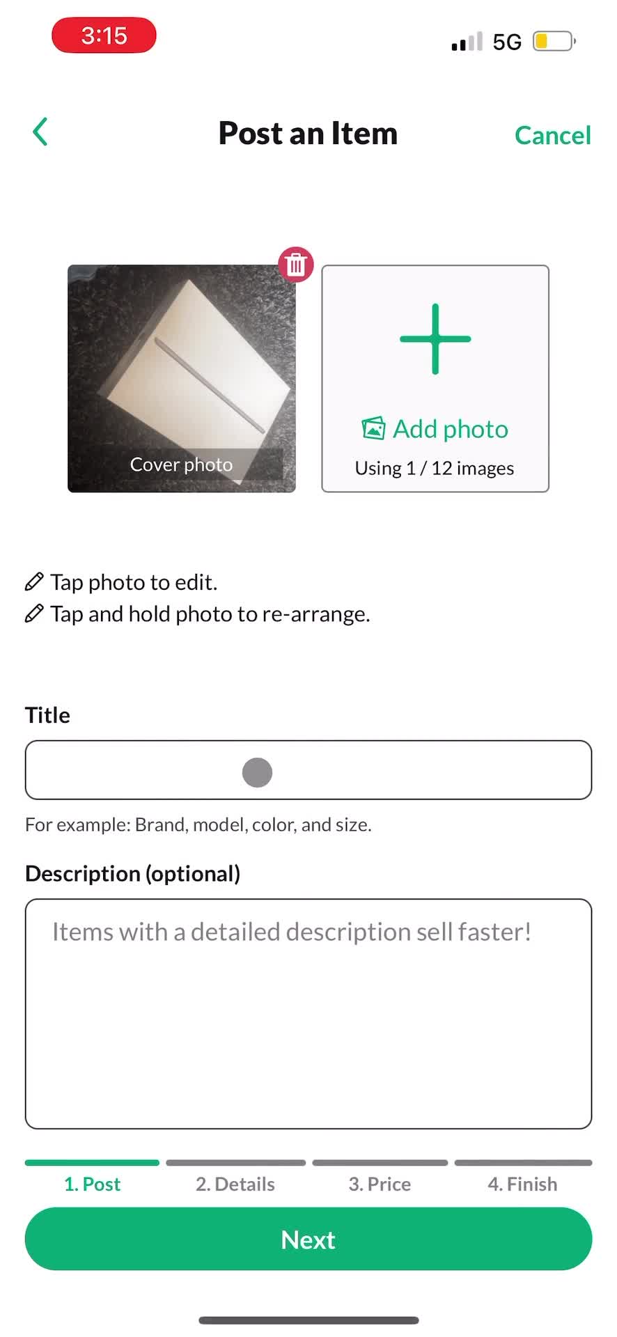 Listing a product screenshot