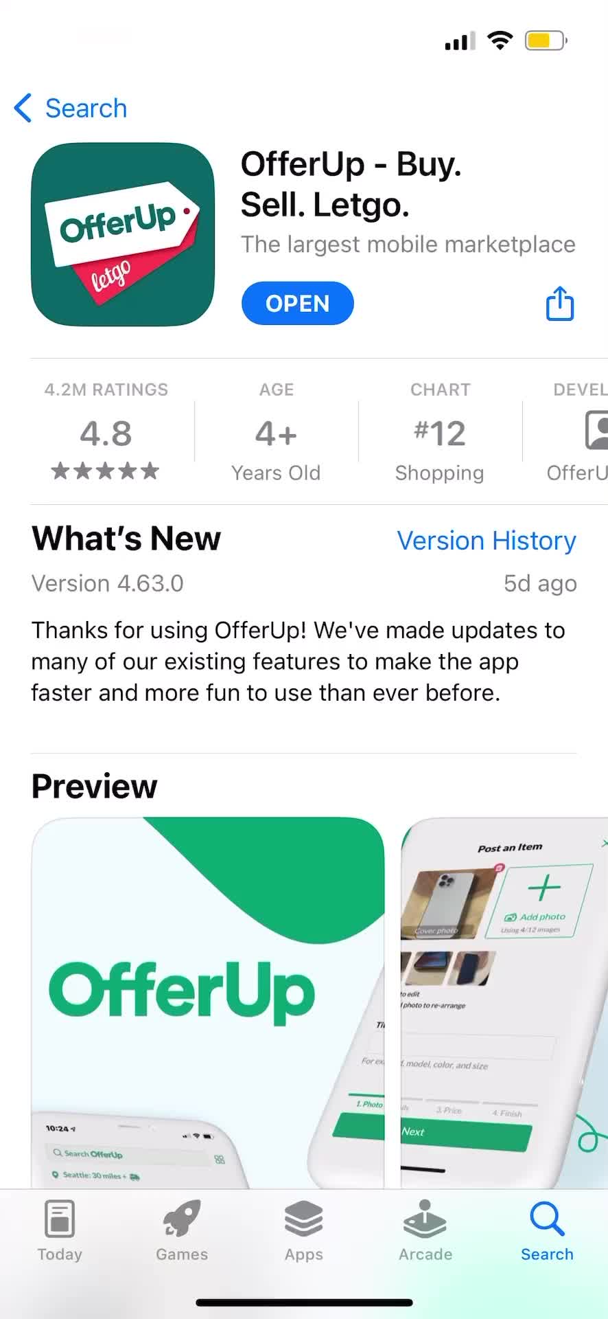 Screenshot of App store listing on Onboarding on OfferUp user flow