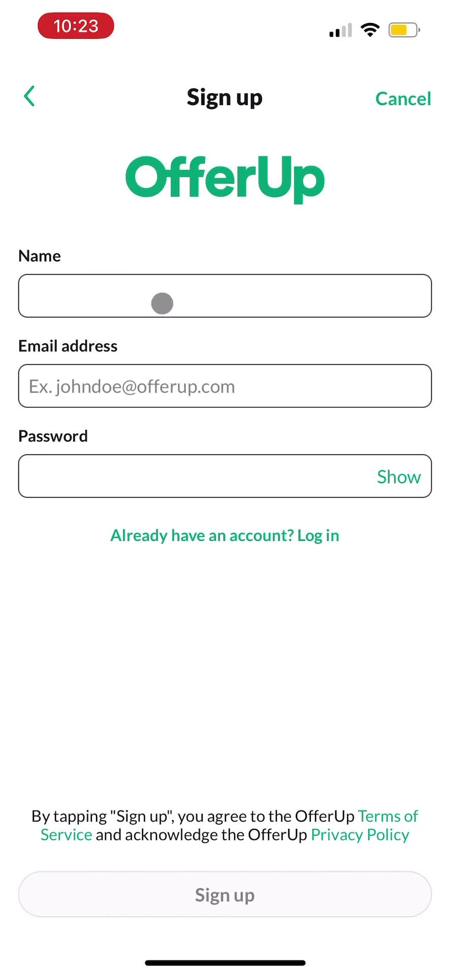 OfferUp sign up with email screenshot