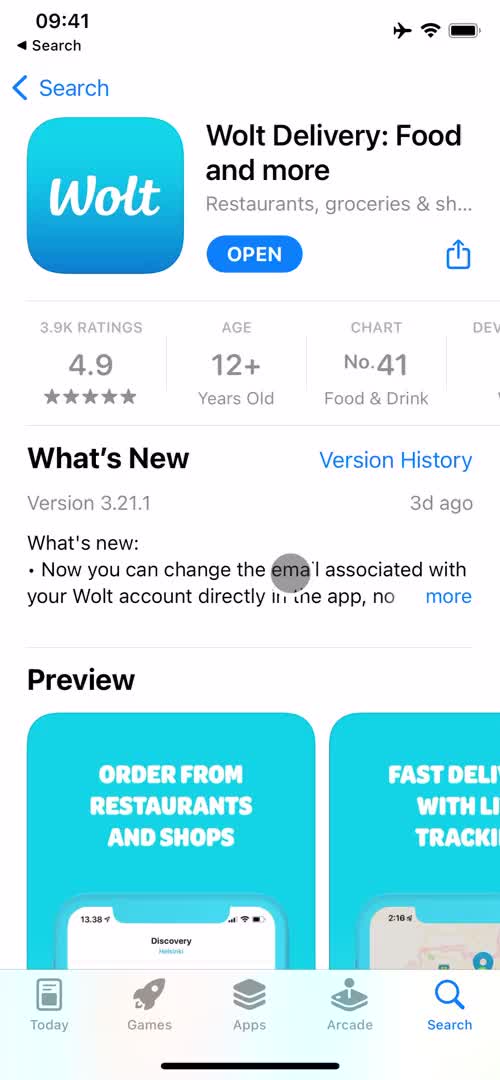 Screenshot of App store listing on Onboarding on Wolt user flow