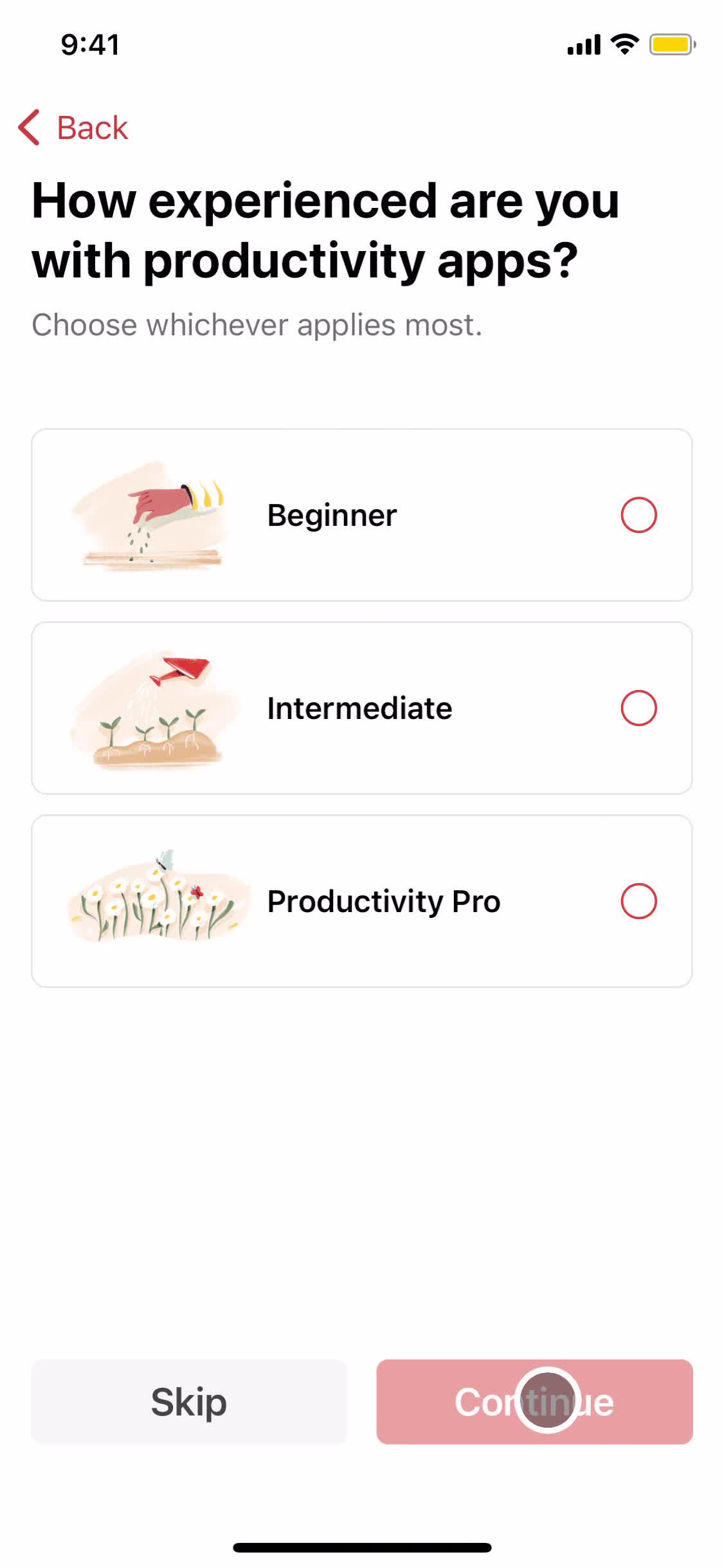 Todoist select experience level screenshot