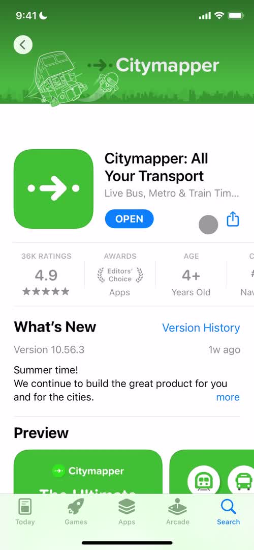 Screenshot of App store listing on Onboarding on Citymapper user flow