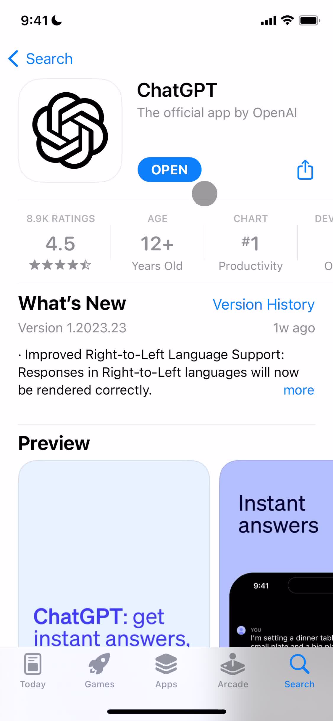 Screenshot of App store listing on Onboarding on ChatGPT user flow