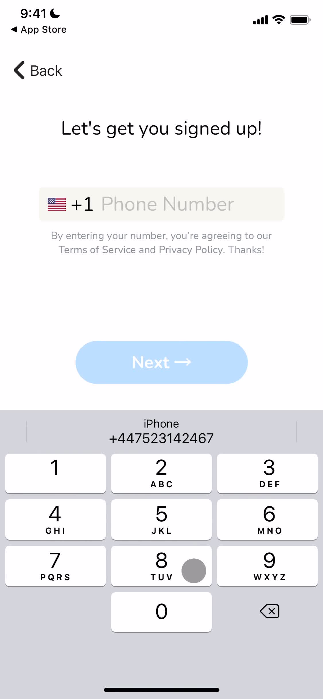 Screenshot of Enter phone number on Onboarding on Clubhouse user flow