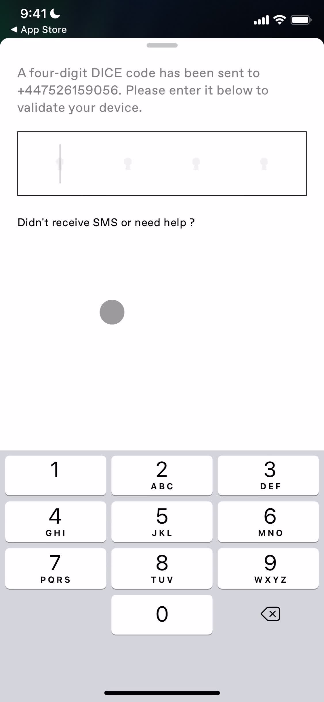 Screenshot of Verify phone number on Onboarding on DICE user flow