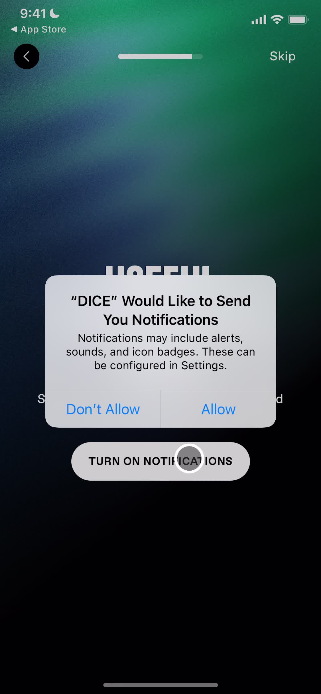 Screenshot of Enable notifications on Onboarding on DICE user flow