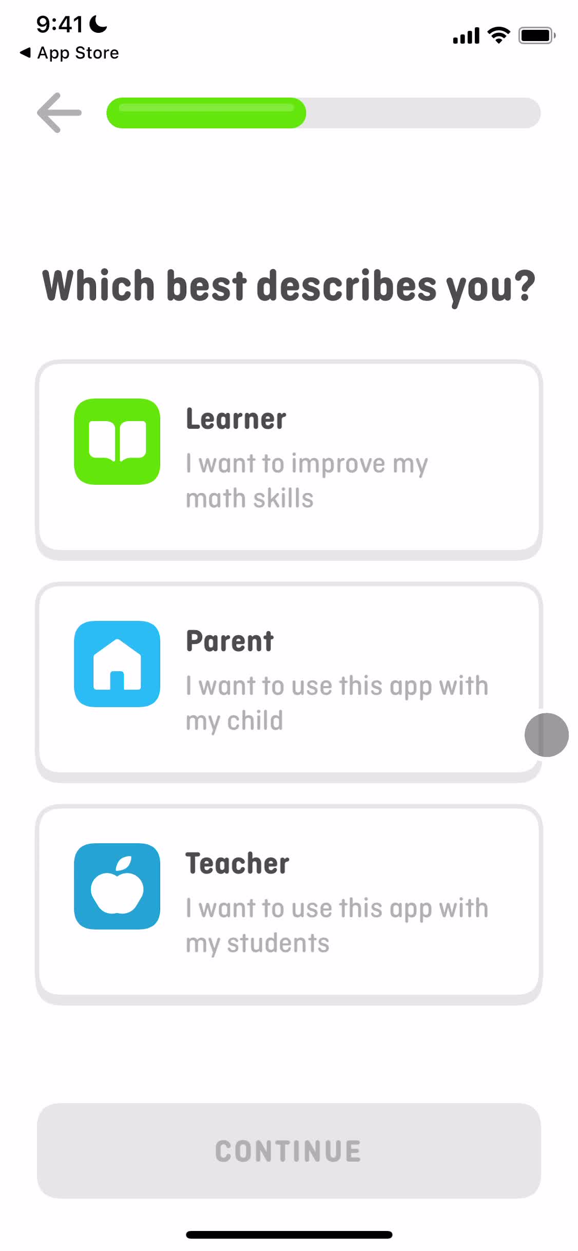 Duolingo Math onboarding question screenshot