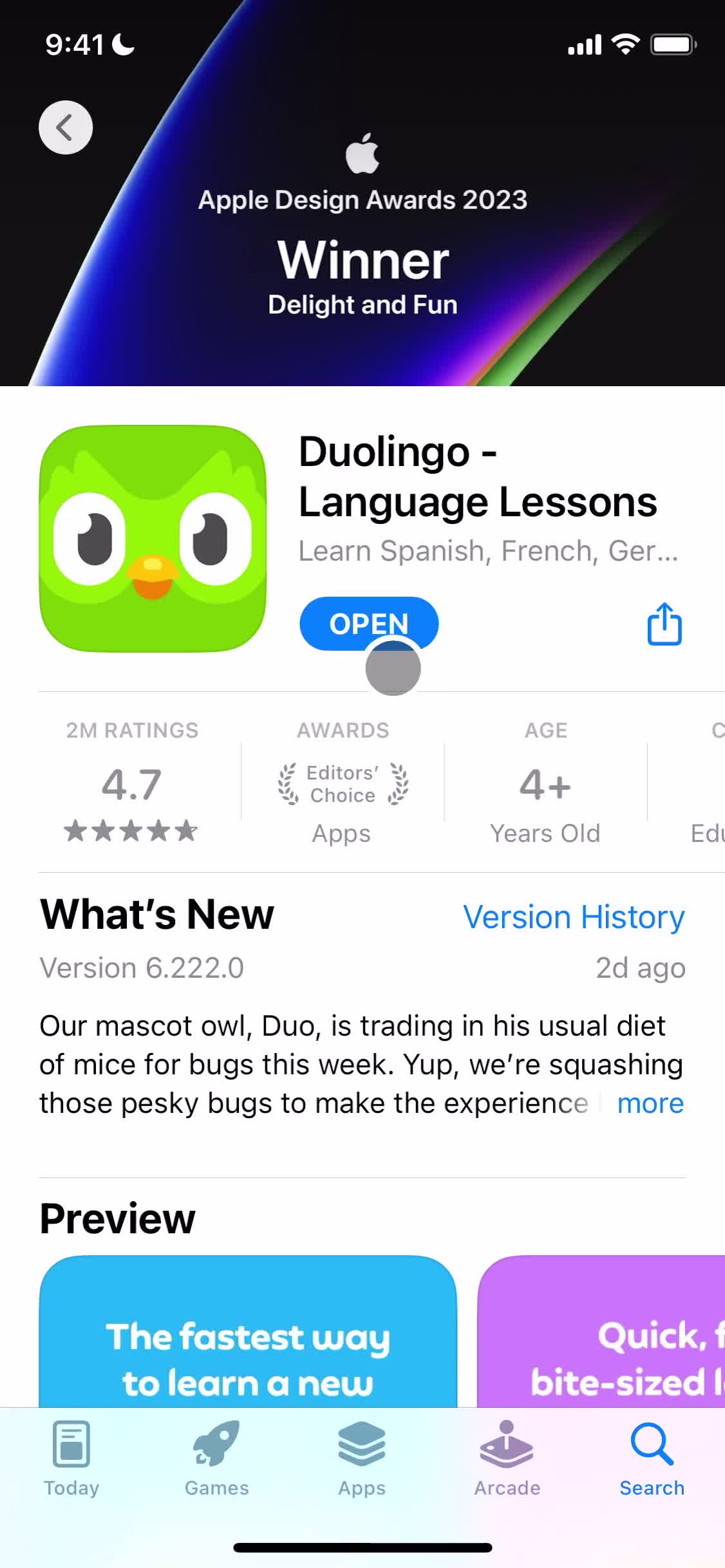 Screenshot of App store listing on Onboarding on Duolingo user flow
