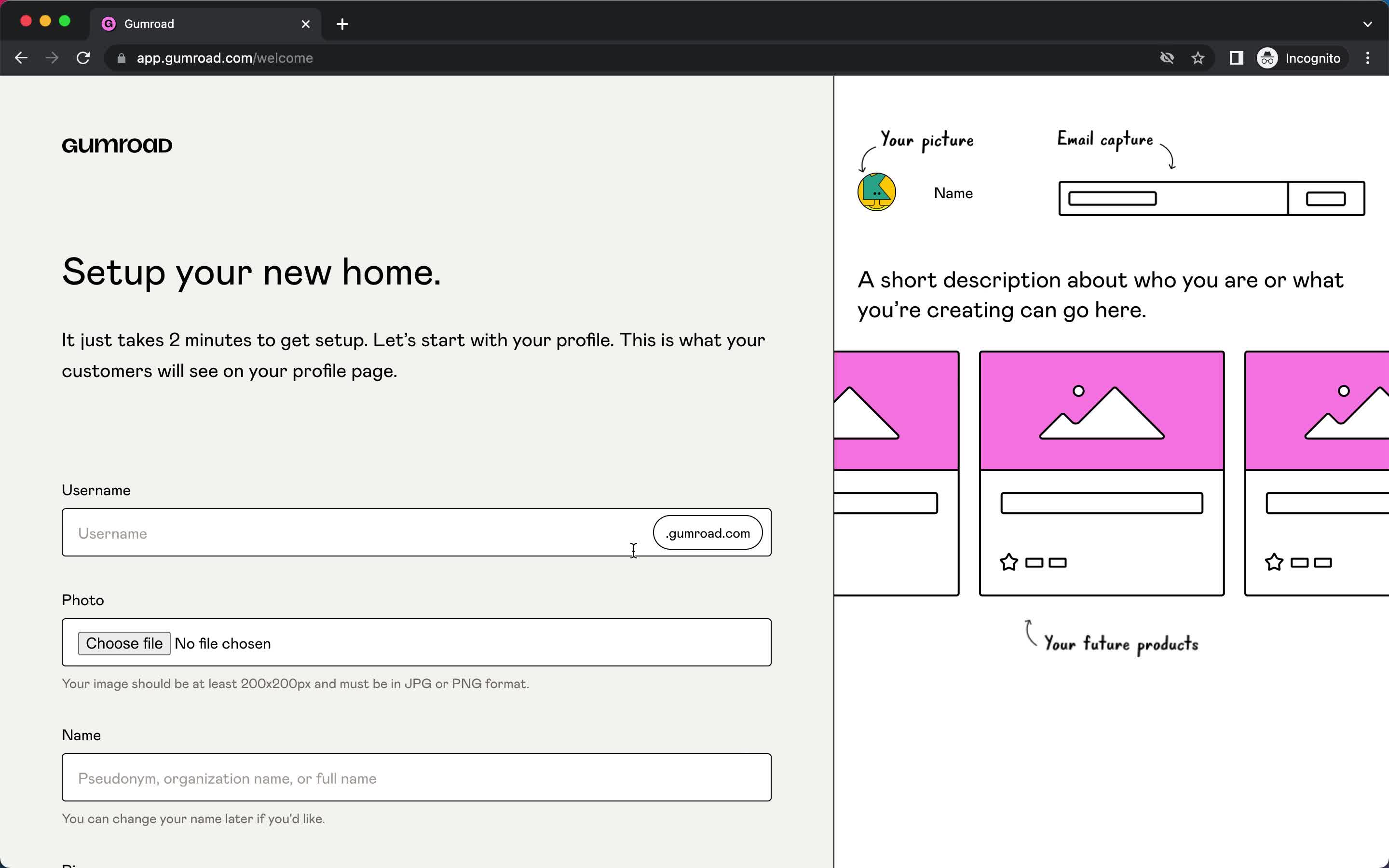 Screenshot of Create profile on Onboarding on Gumroad user flow