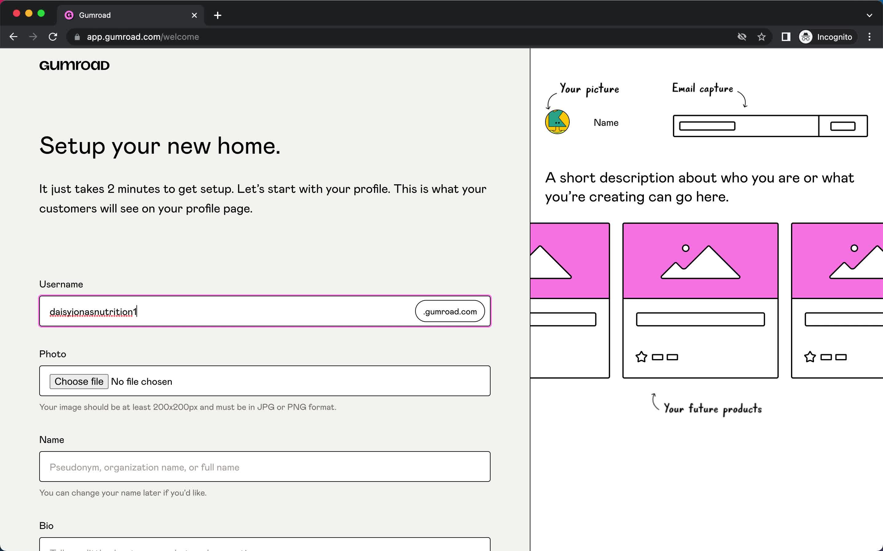 Screenshot of Create profile on Onboarding on Gumroad user flow