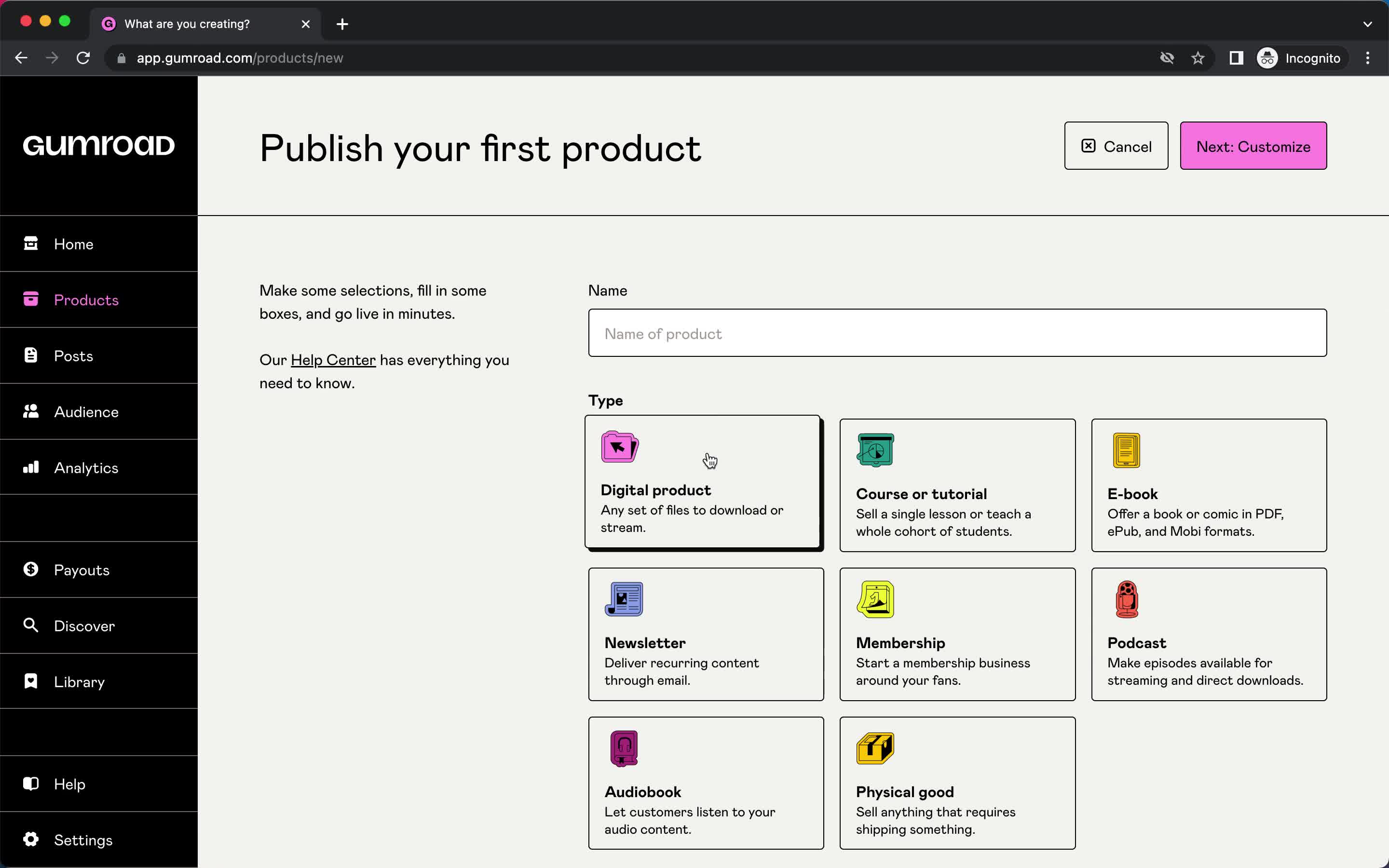 Screenshot of Create product on Onboarding on Gumroad user flow