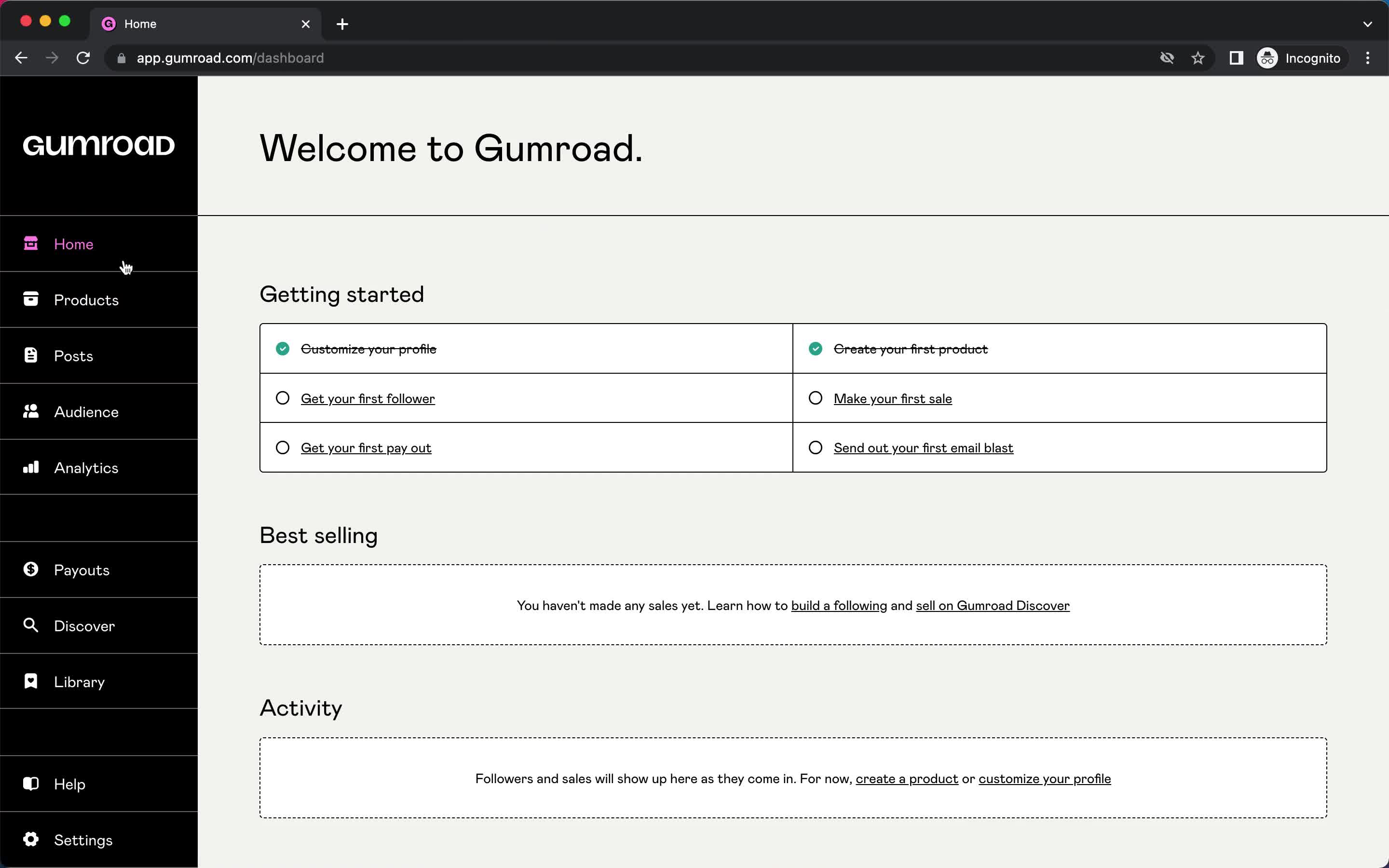 Screenshot of Onboarding tasks on Onboarding on Gumroad user flow