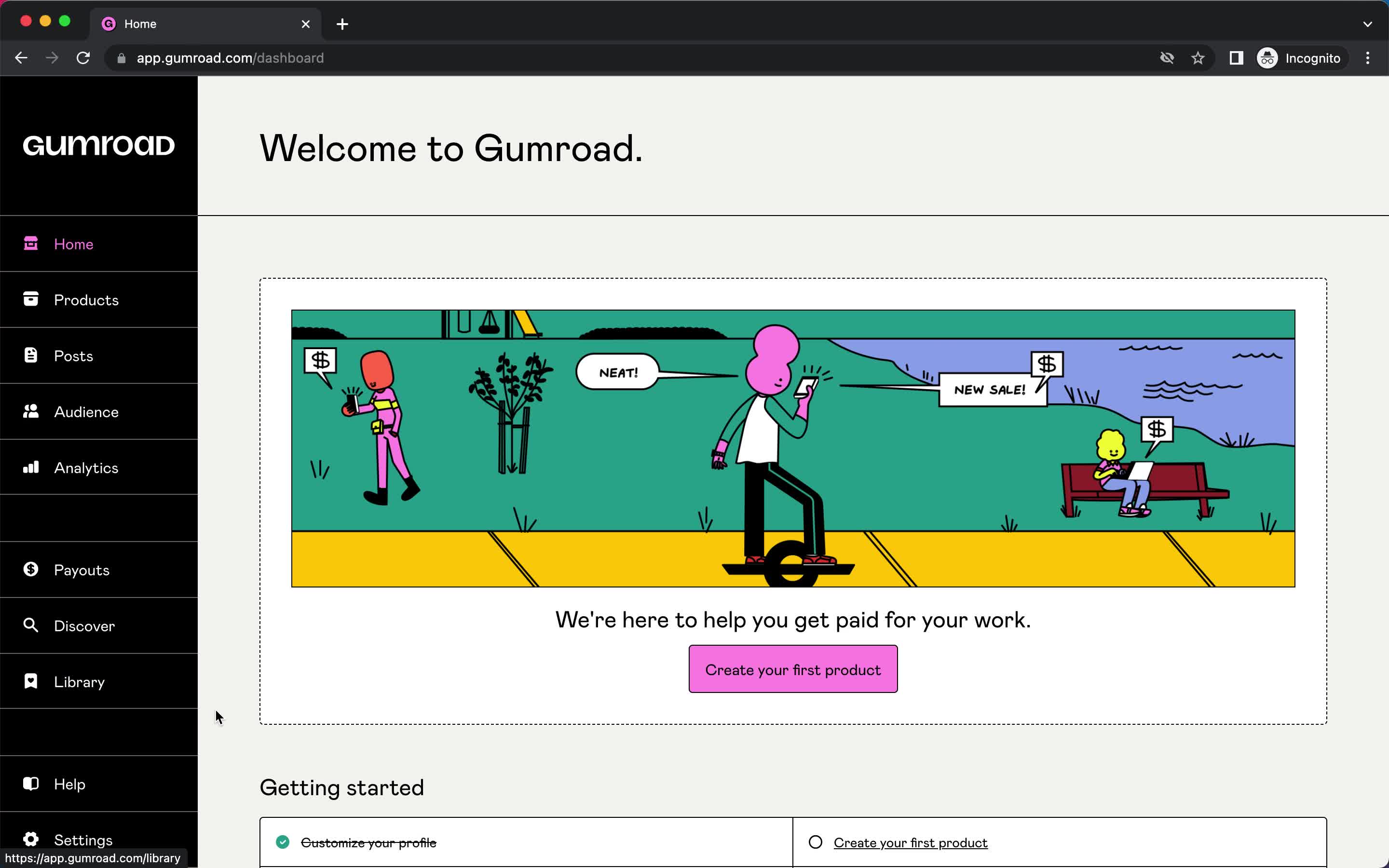 Screenshot of Home on Onboarding on Gumroad user flow
