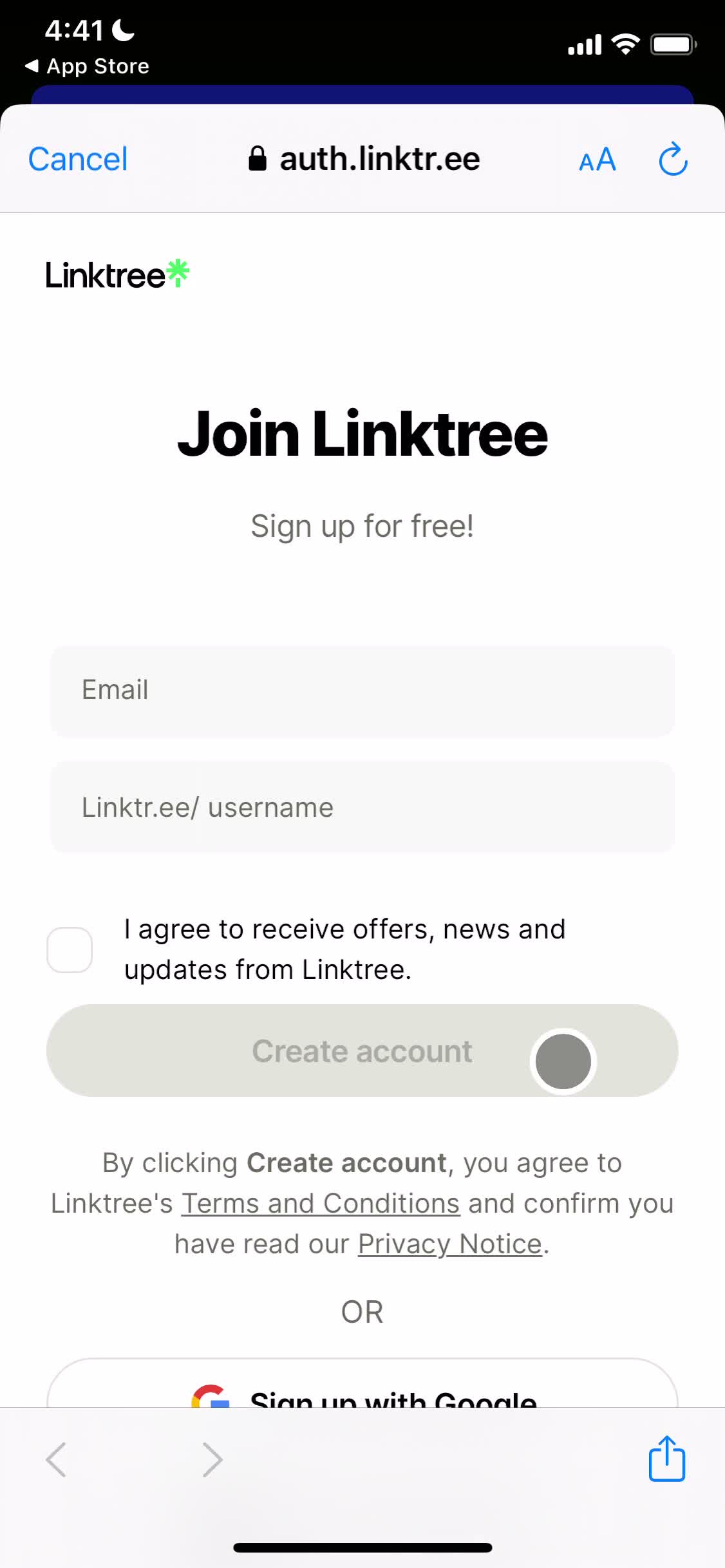 Screenshot of Sign up on Onboarding on Linktree user flow