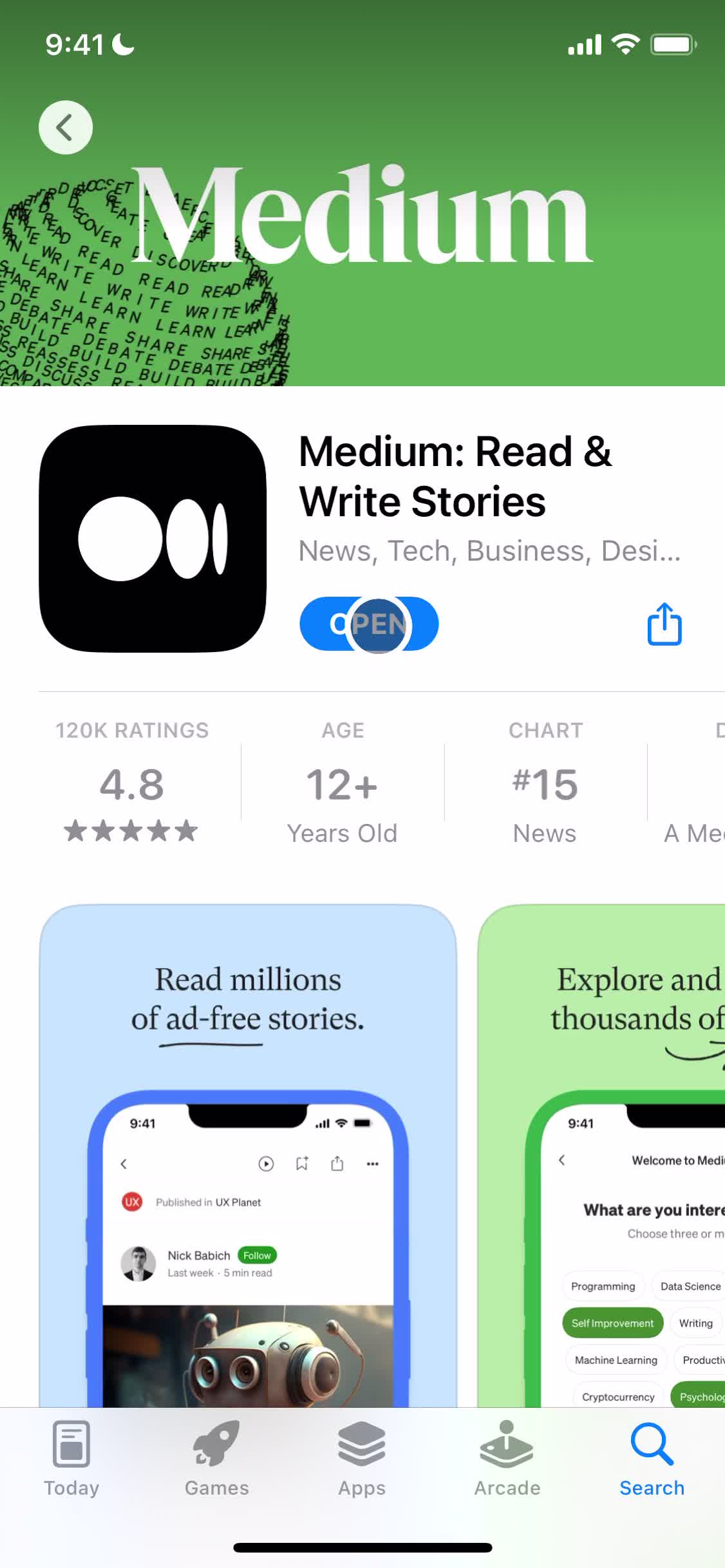 Screenshot of App store listing on Onboarding on Medium user flow