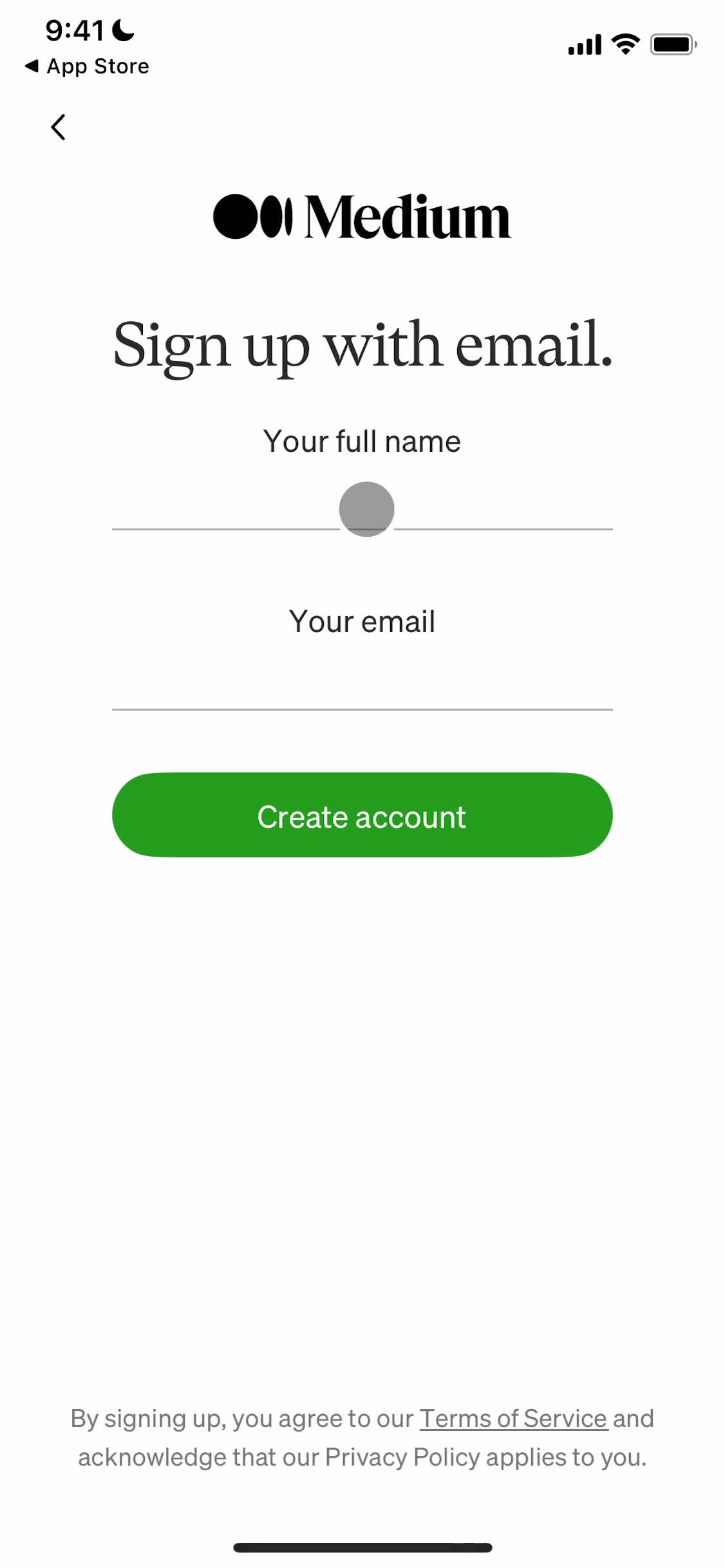 Medium sign up with email screenshot