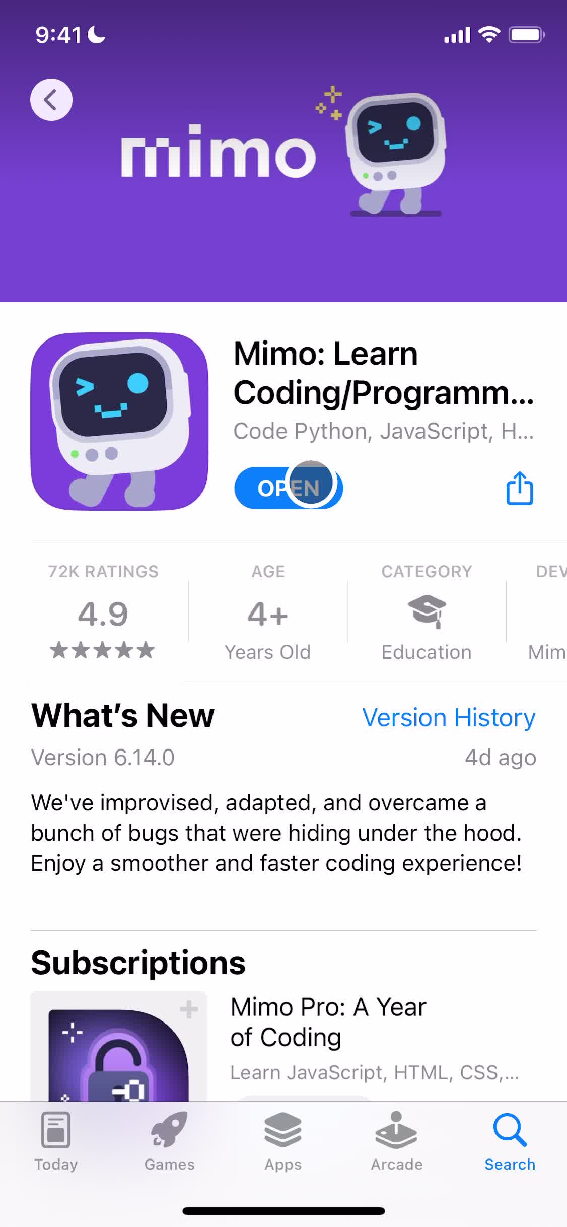 Screenshot of App store listing on Onboarding on Mimo user flow