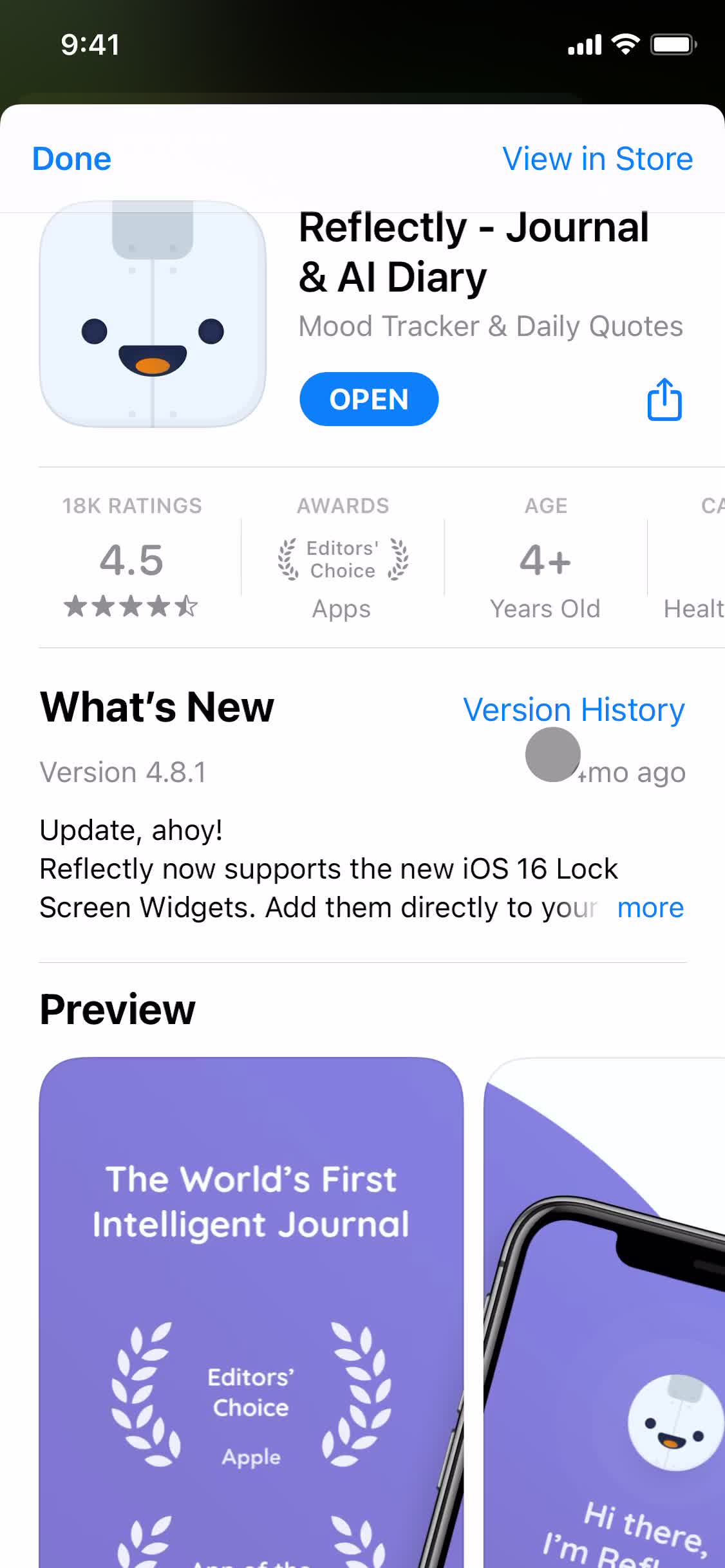 Reflectly app store listing screenshot