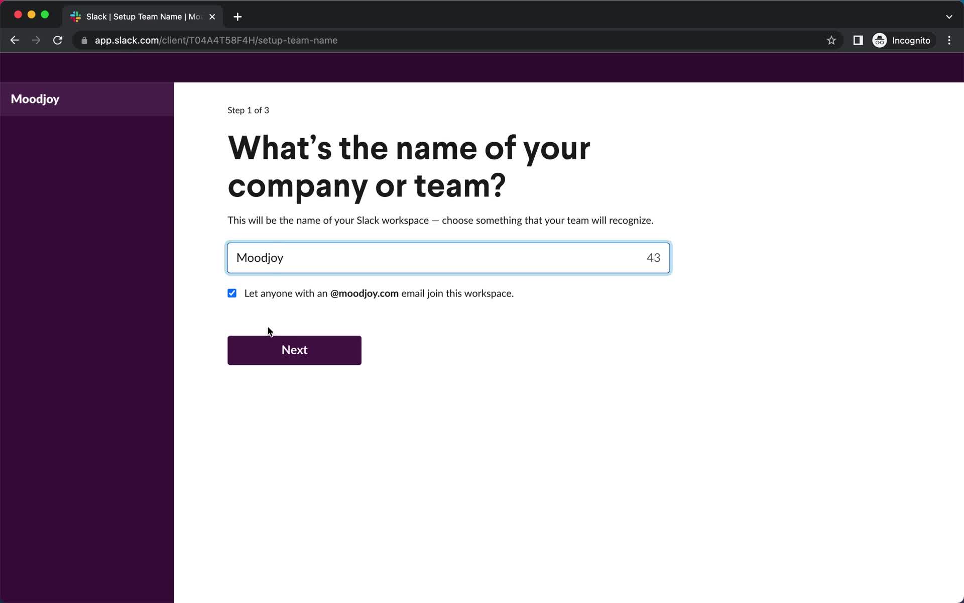 Screenshot of Enter company name on Onboarding on Slack user flow
