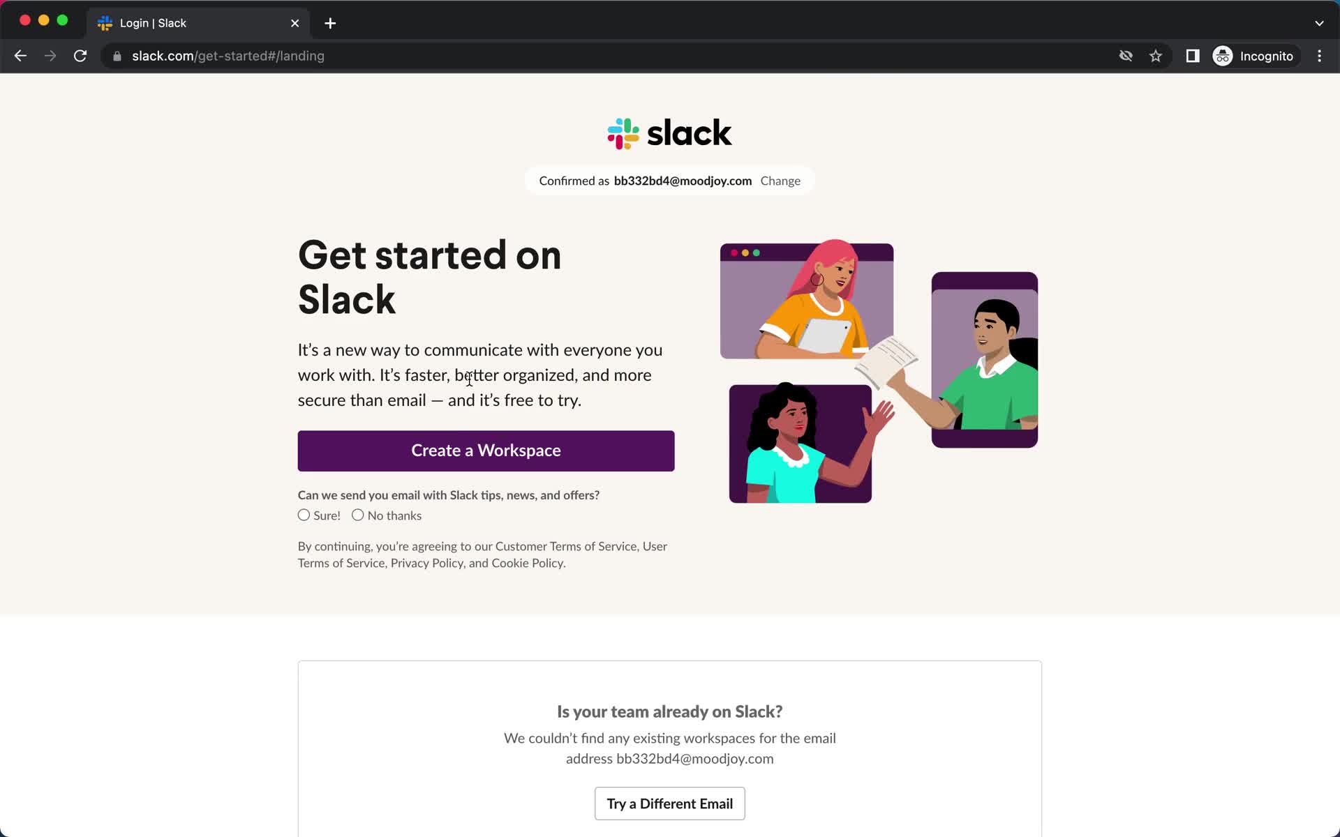Screenshot of Create workspace on Onboarding on Slack user flow