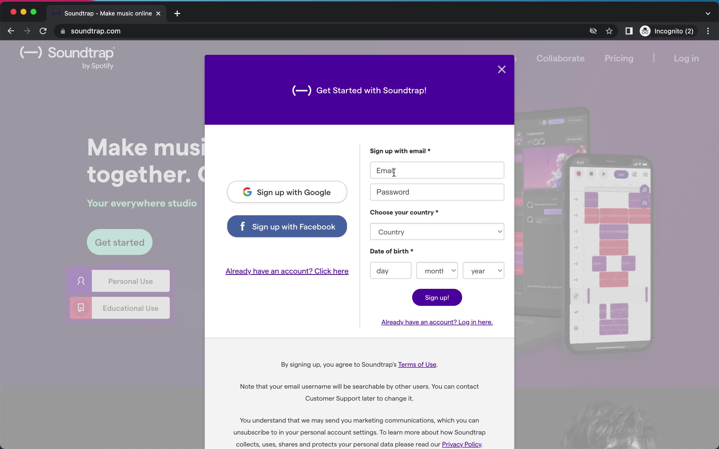 Soundtrap sign up with email screenshot