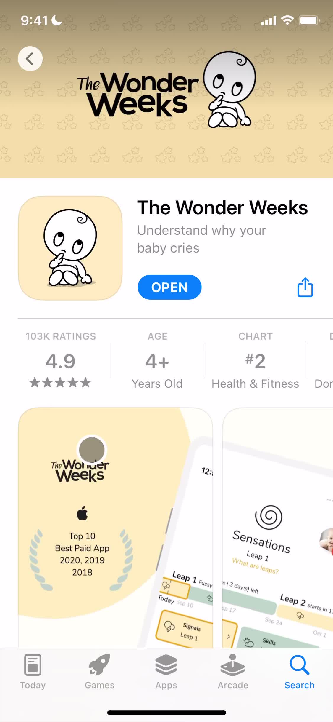 Screenshot of App store listing on Onboarding on The Wonder Weeks user flow