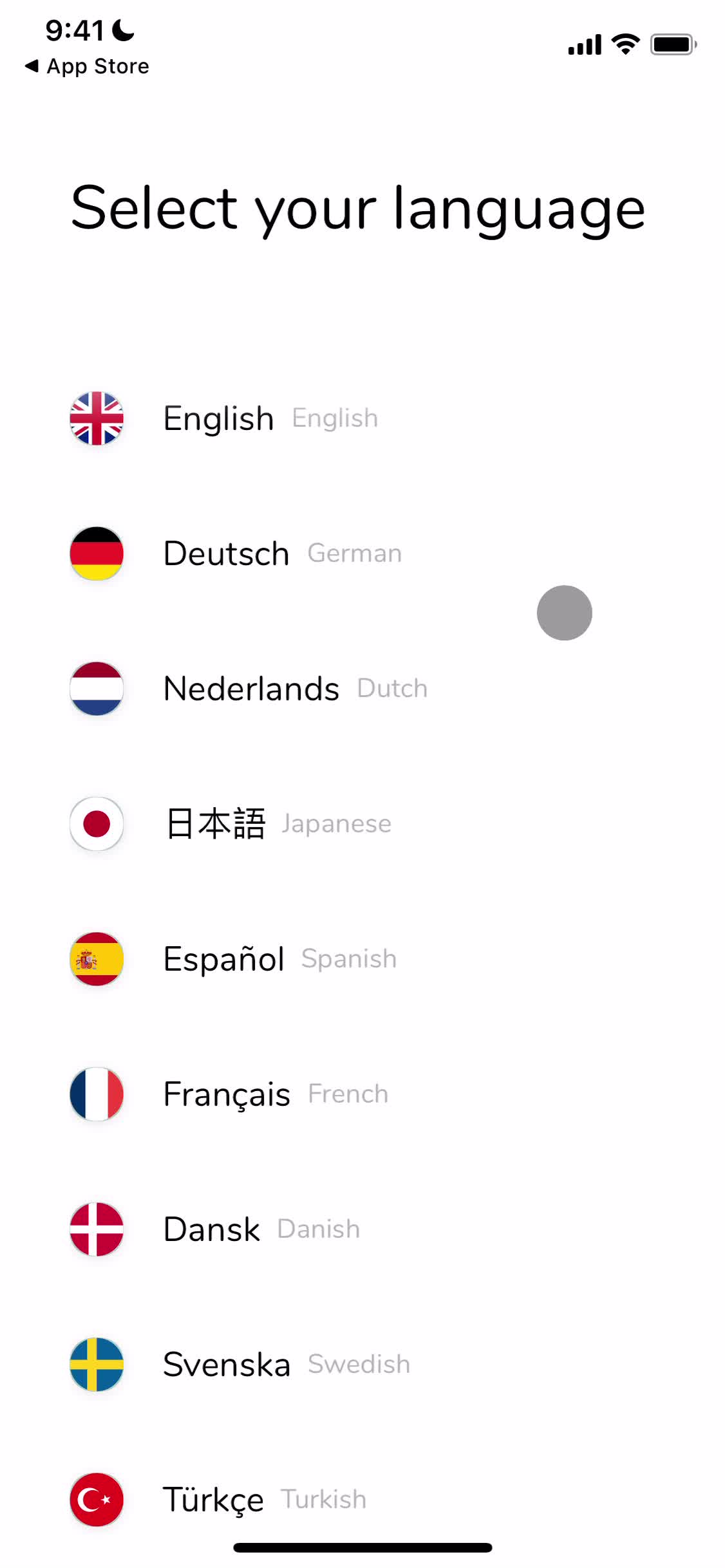 Screenshot of Select language on Onboarding on The Wonder Weeks user flow
