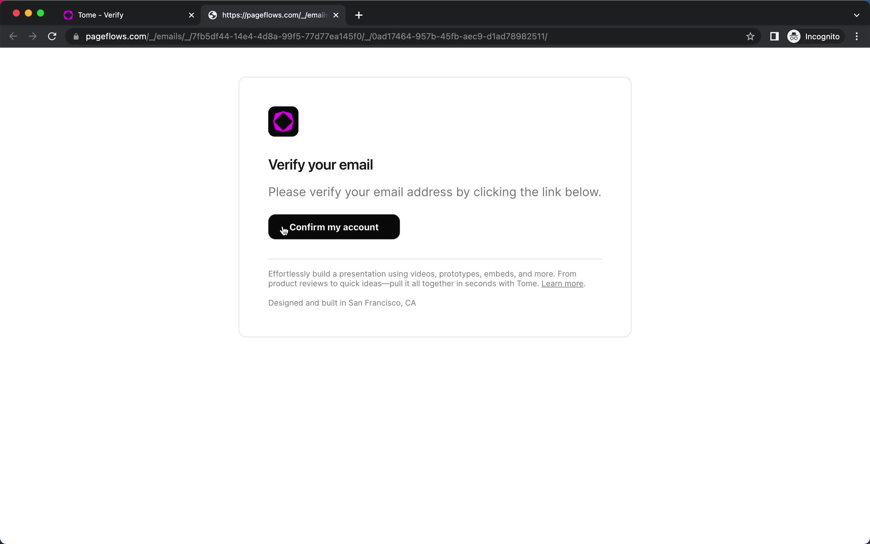 Tome verify email screenshot