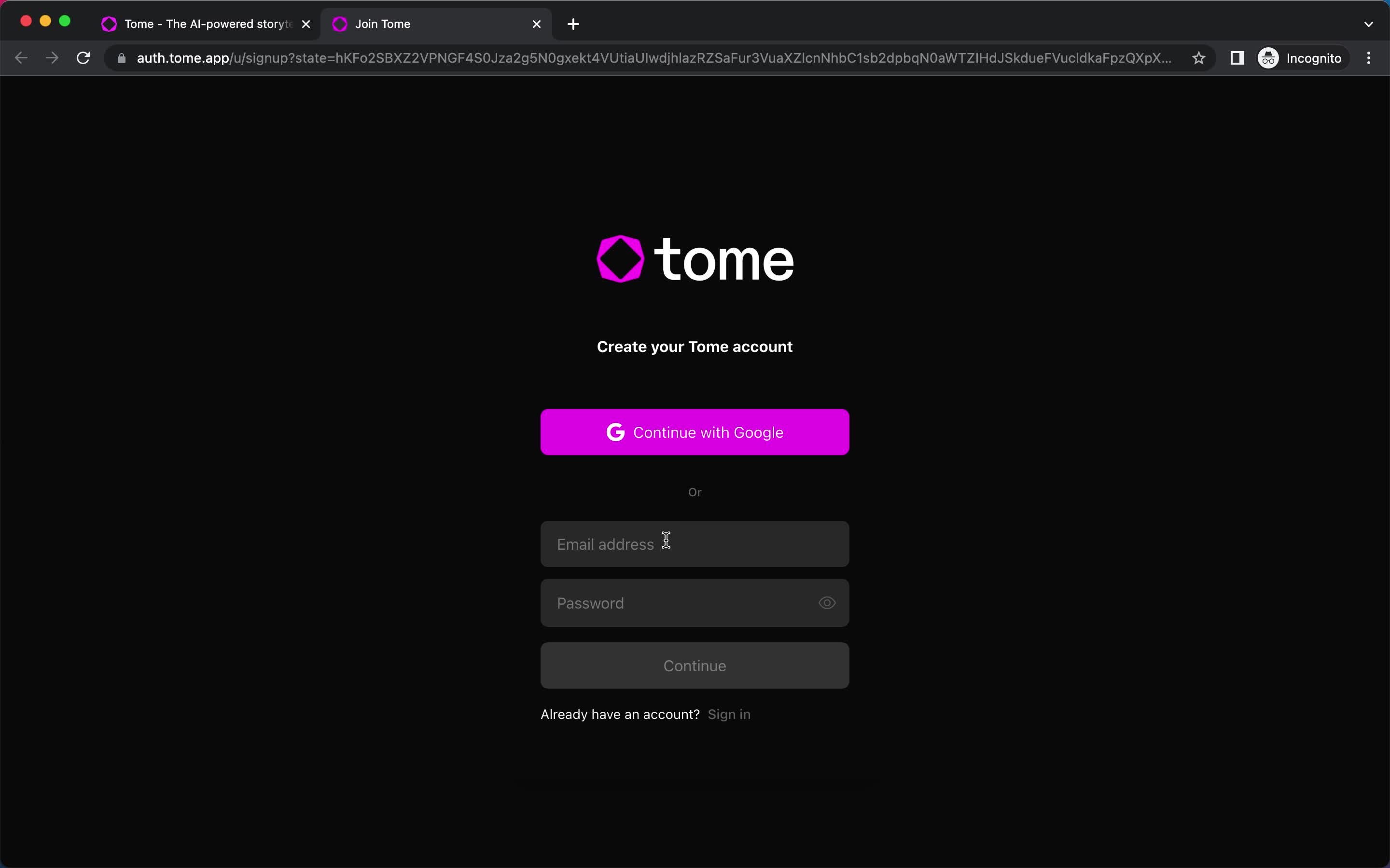 Screenshot of Sign up on Onboarding on Tome user flow