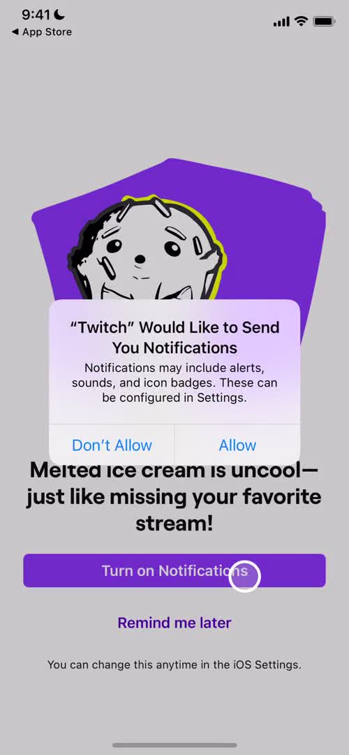 Screenshot of Enable notifications on Onboarding on Twitch user flow
