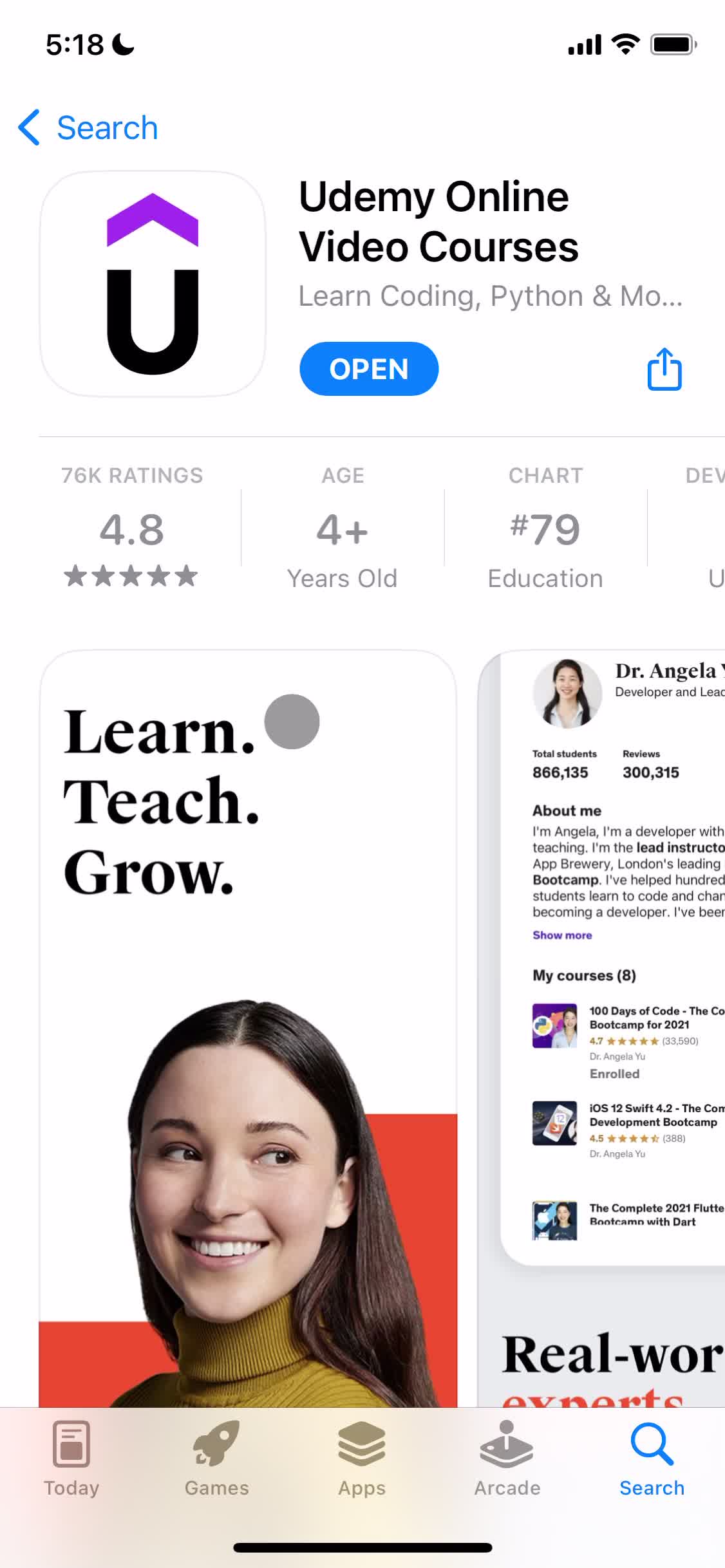 Screenshot of App store listing on Onboarding on Udemy user flow