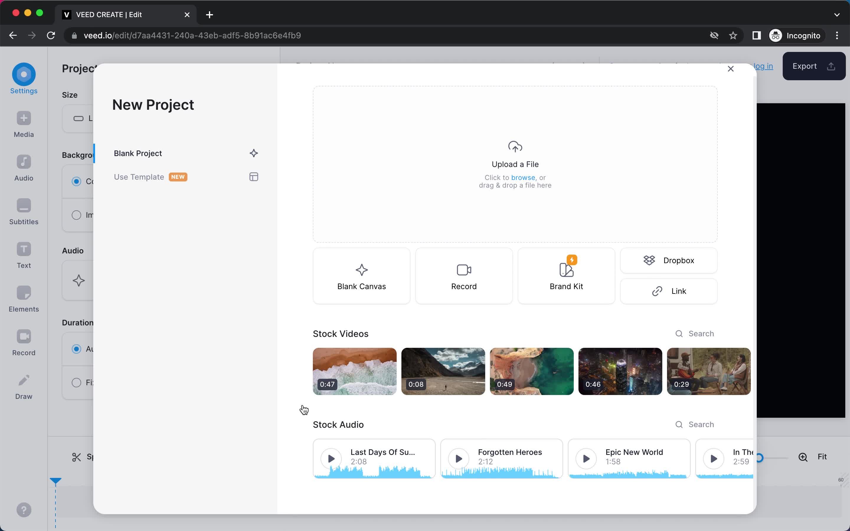 Screenshot of Create project on Onboarding on VEED.IO user flow