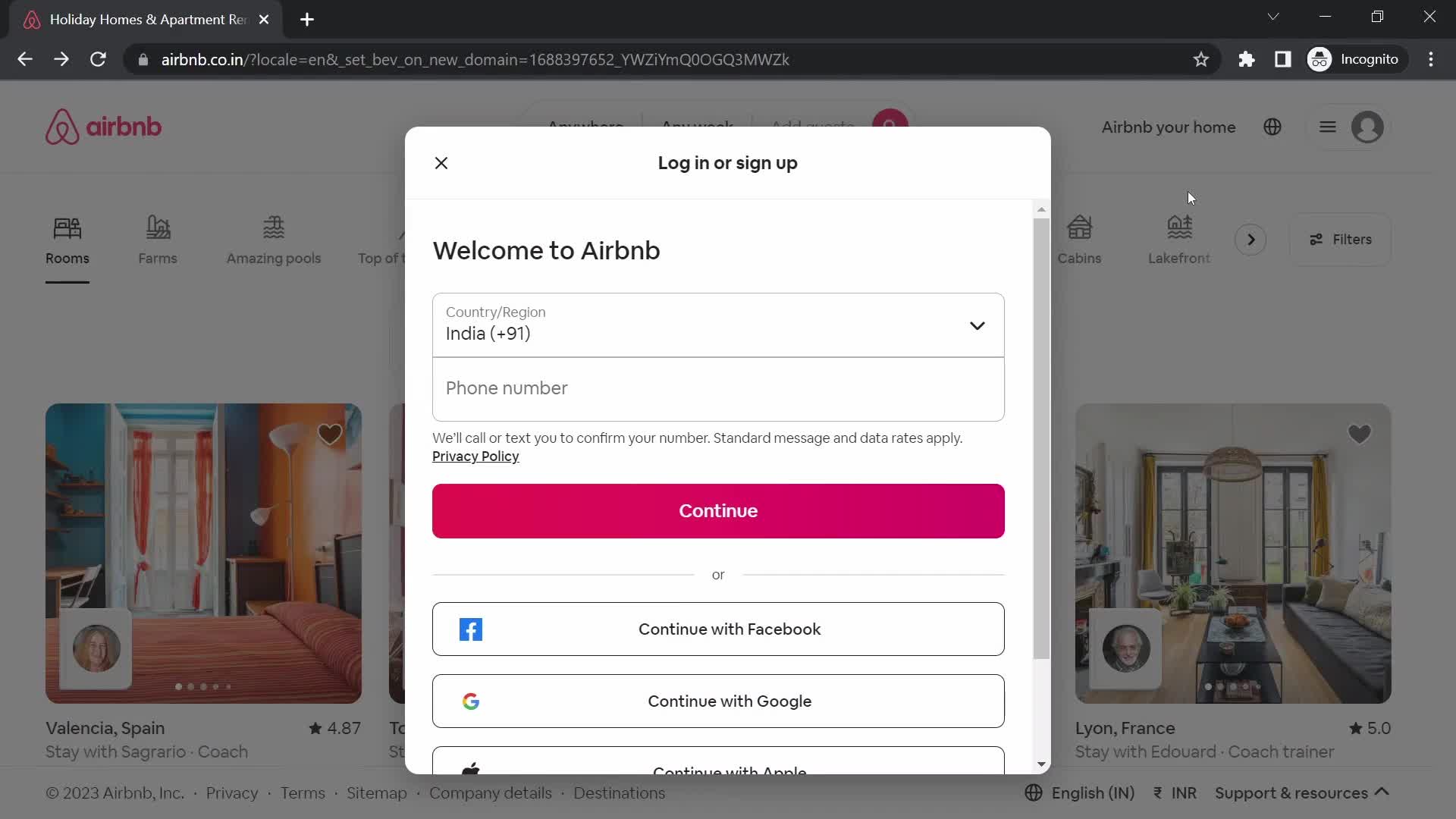 Airbnb sign up screenshot