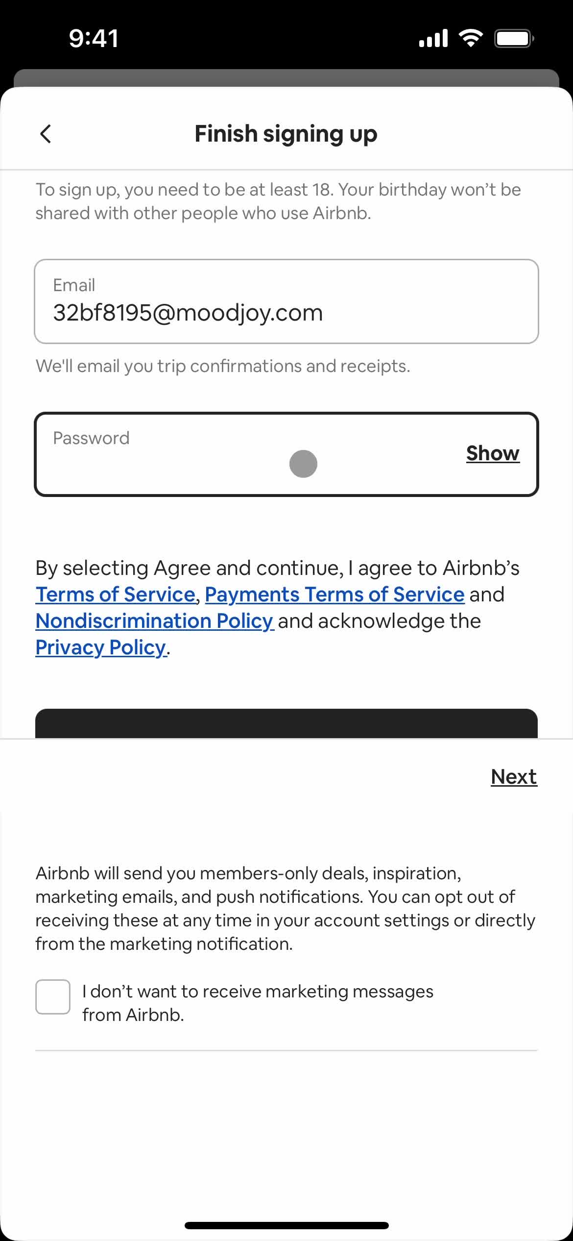 Airbnb enter password screenshot